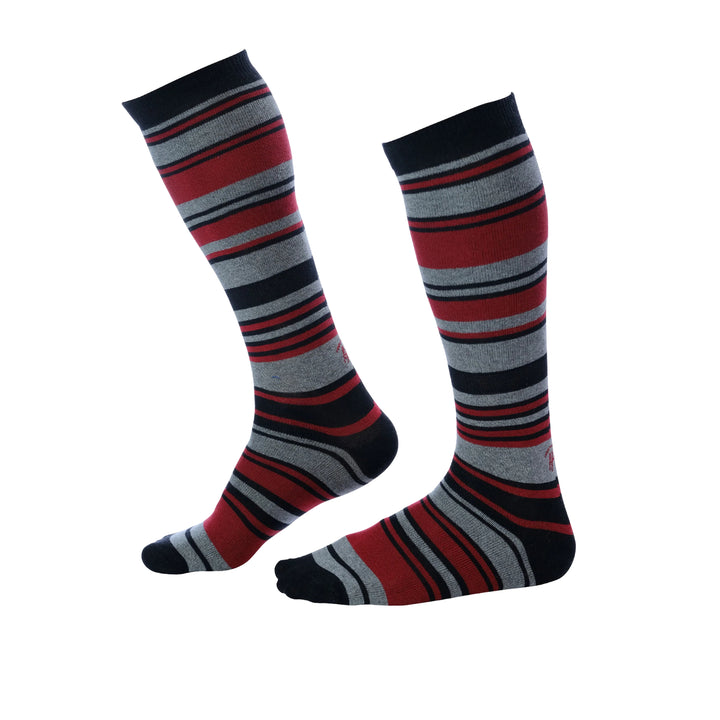 Pair of Pierre Henry gray, black, and red stripes Over the Calf Dress Socks