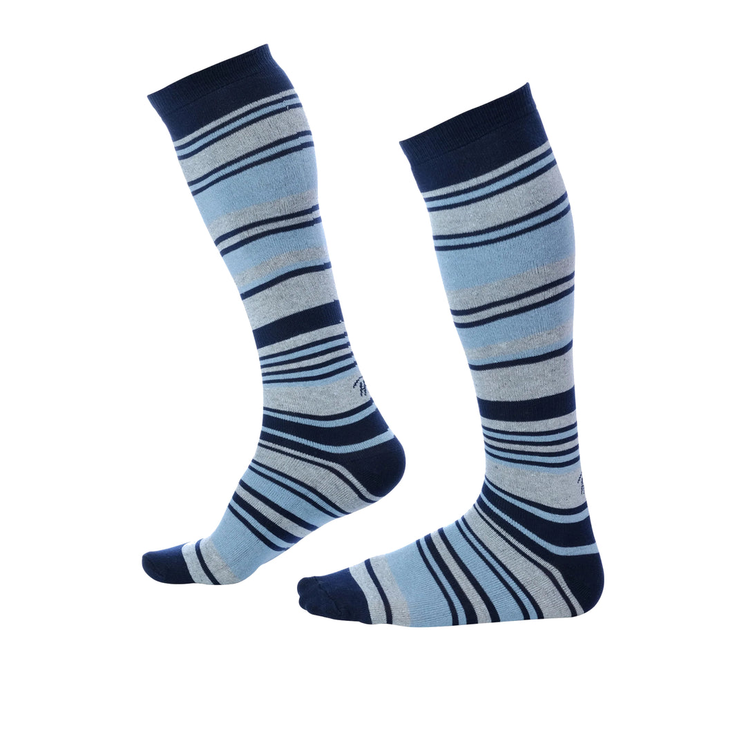 Pair of Pierre Henry gray, light blue, and navy blue stripes Over the Calf Dress Socks