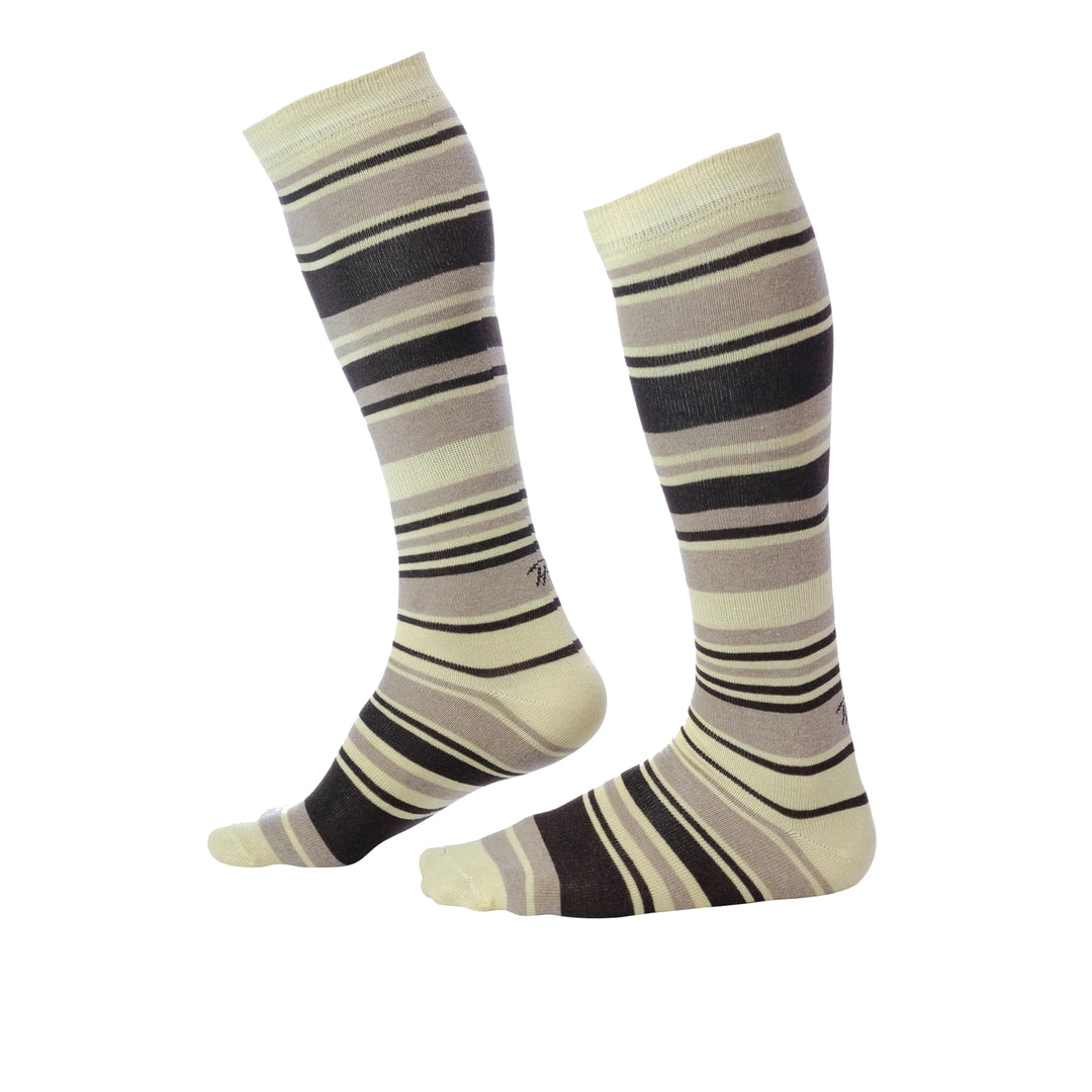Pair of Pierre Henry gray, beige, and black stripes Over the Calf Dress Socks