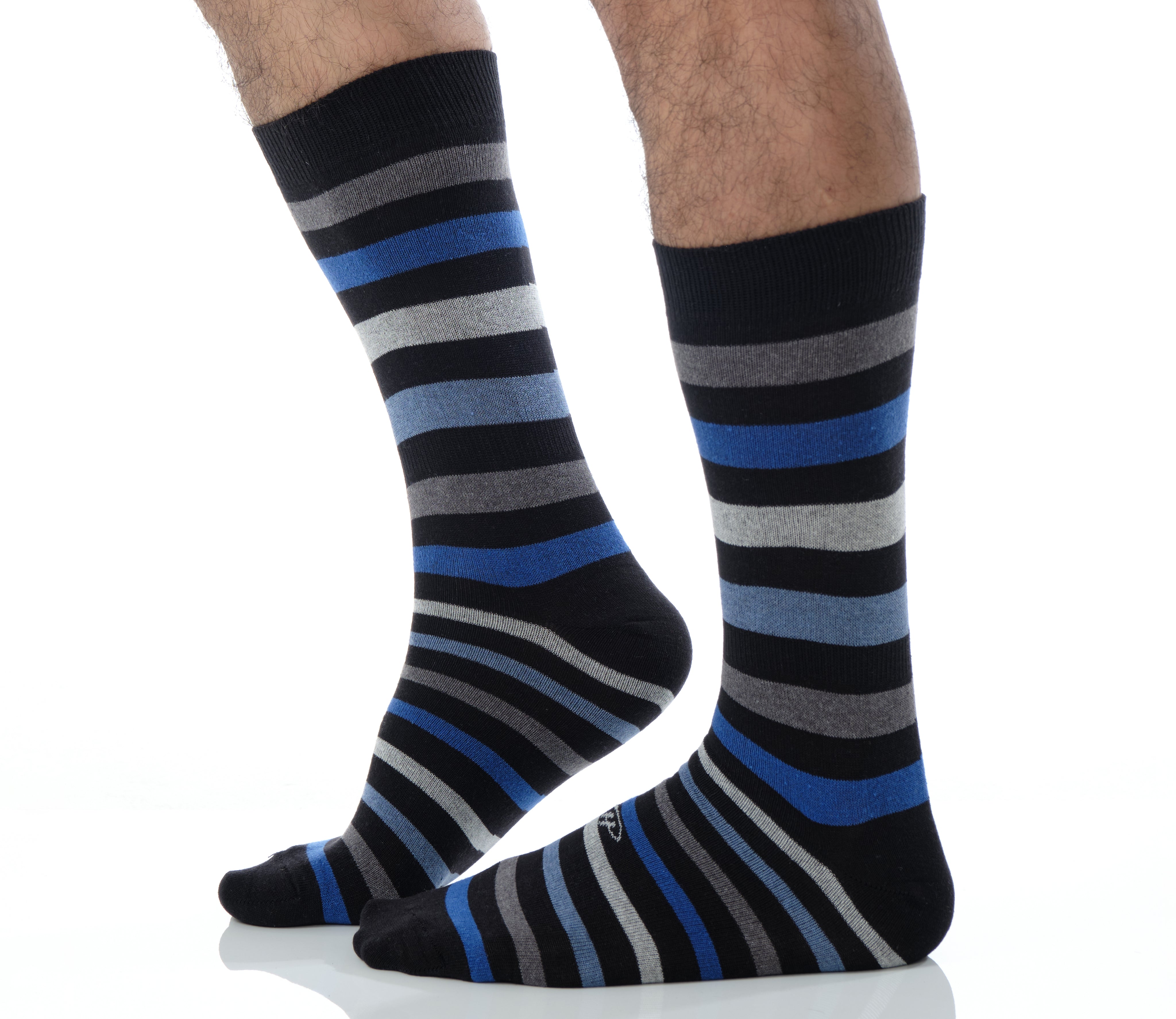 Black mid calf dress socks with grey blue and light grey stripes