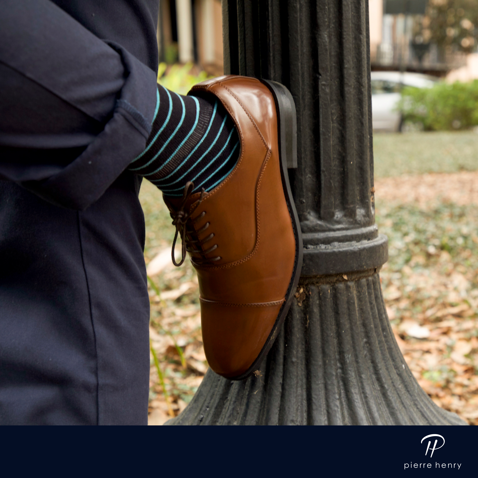 black over the calf dress socks with light blue stripes, light brown dress shoes, black dress pants