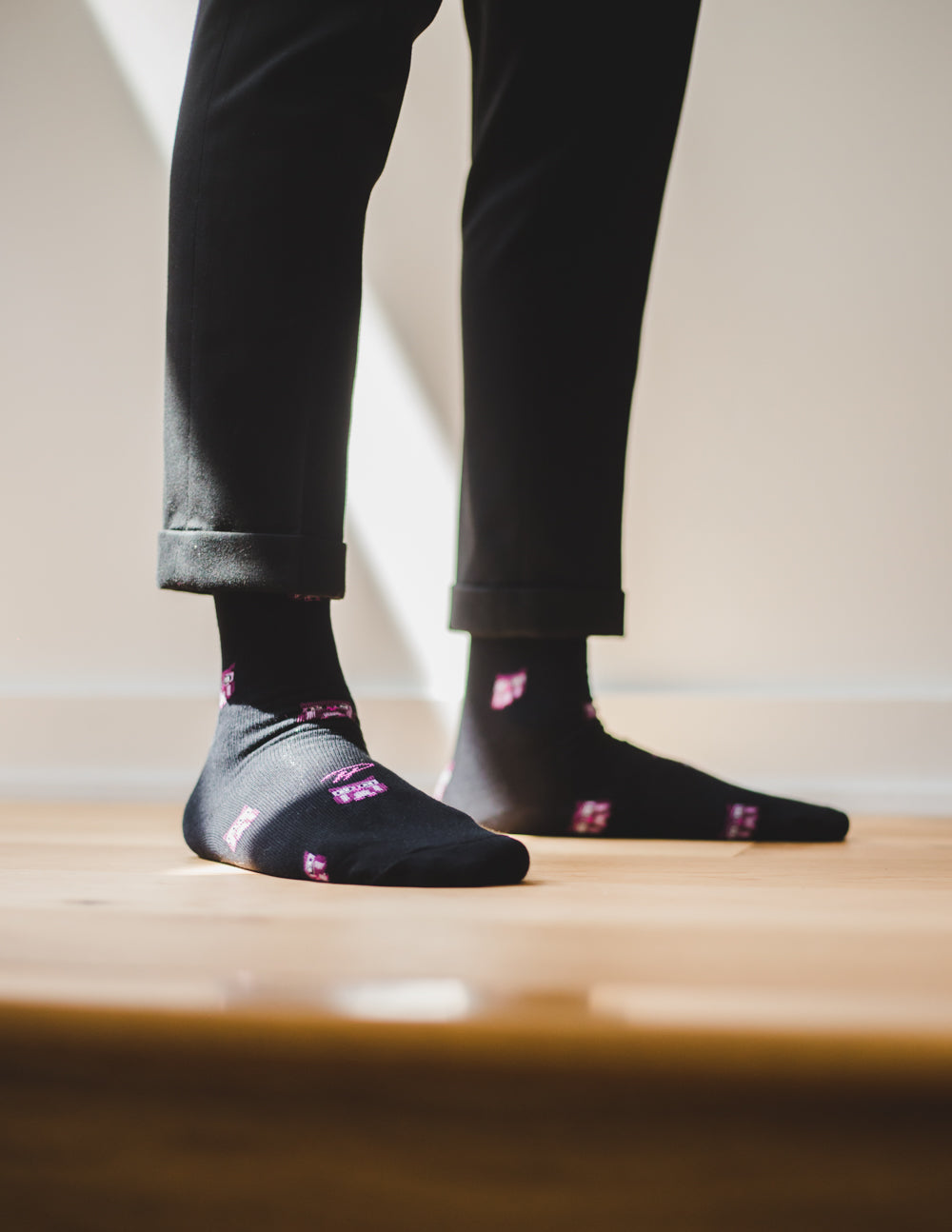black over the calf dress socks with owl print, black pants