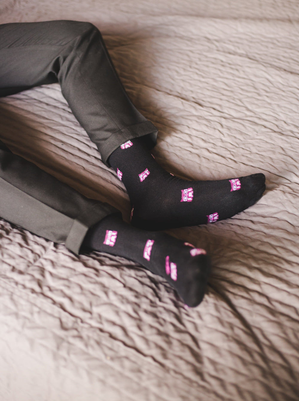 black over the calf dress socks with owl print, grey dress pants