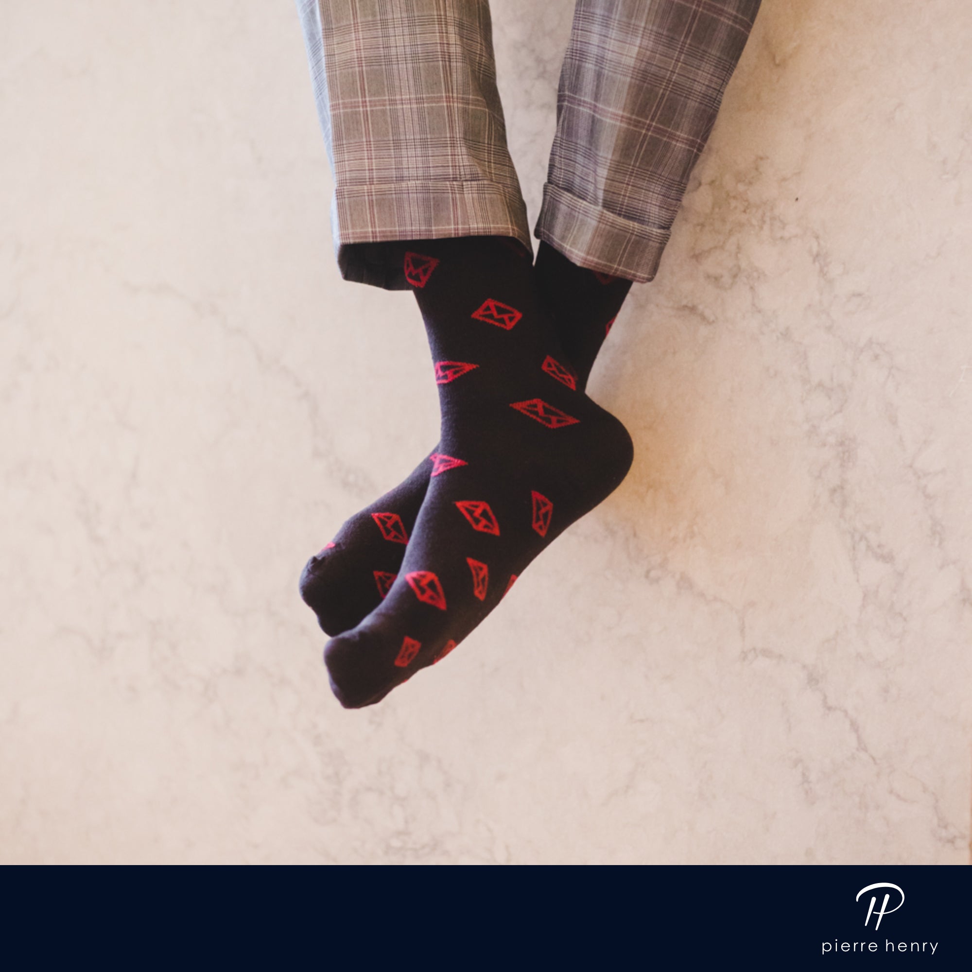 dark brown over the calf dress socks with red envelope print, grey plaid dress pants