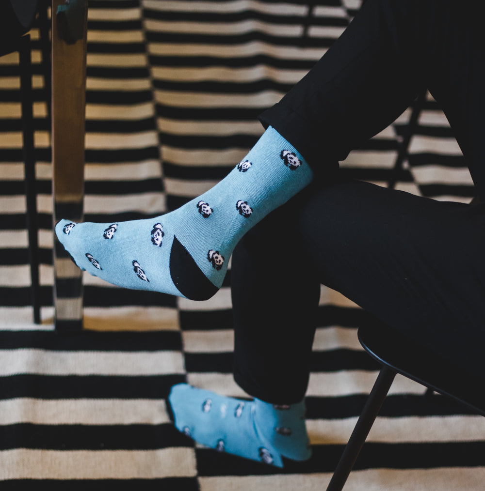 light blue over the calf dress socks with panda print and black toe and heel, black pants