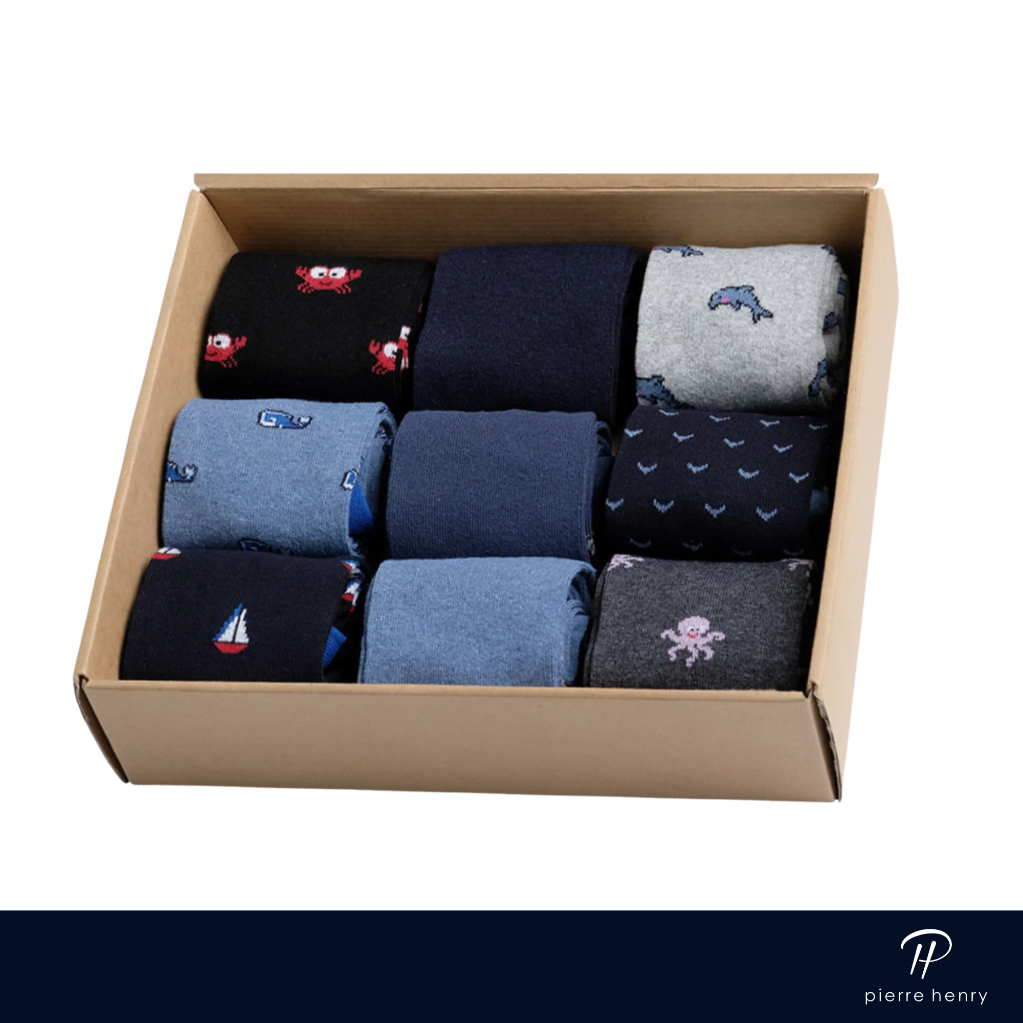 box of dress socks for men, sea animal over the calf dress socks, navy dress socks, light blue dress socks, black dress socks