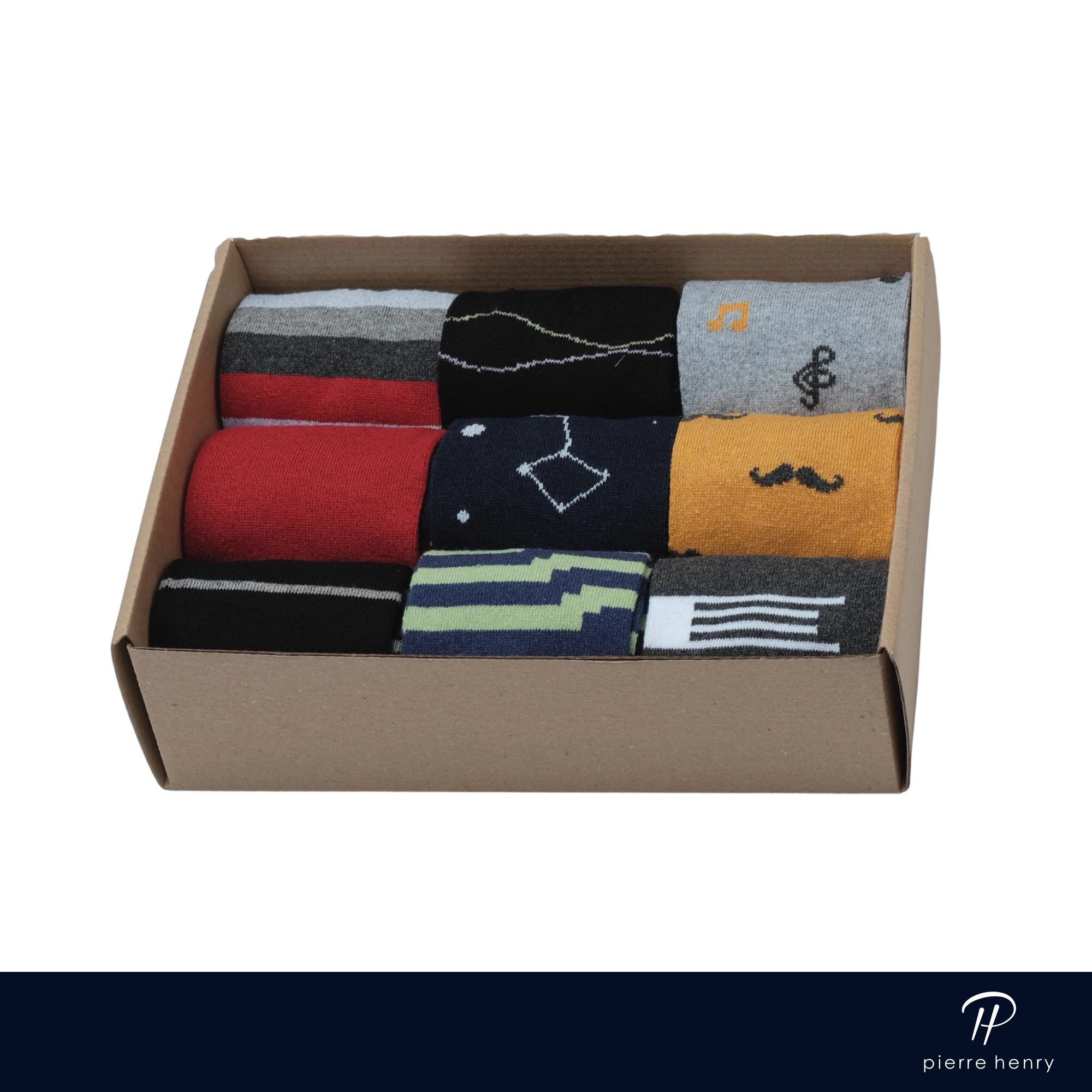 box of dress socks for men, red dress socks, solid dress socks, striped dress socks, different patterned dress socks