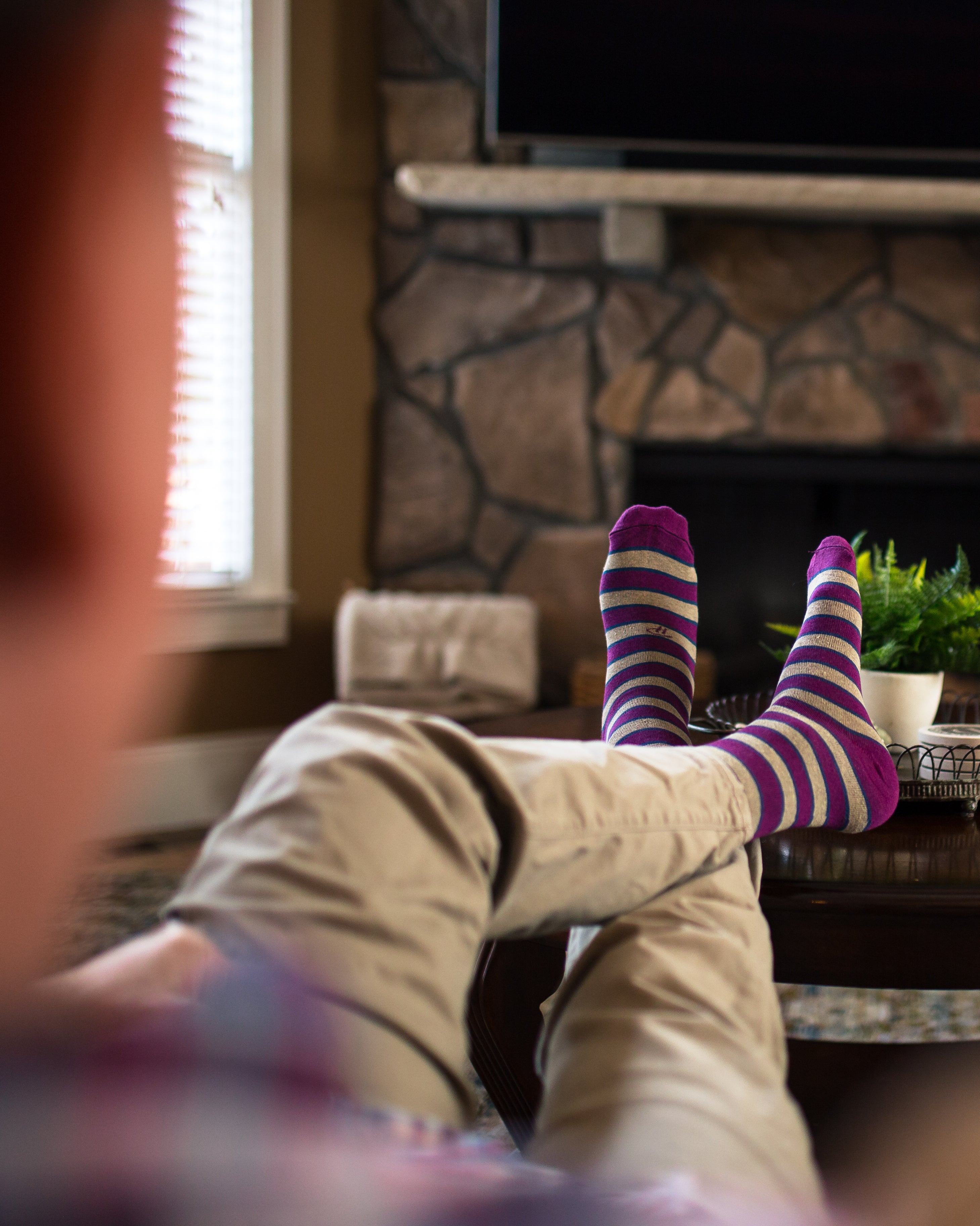 light brown and burgundy striped over the calf dress socks, khaki pnats