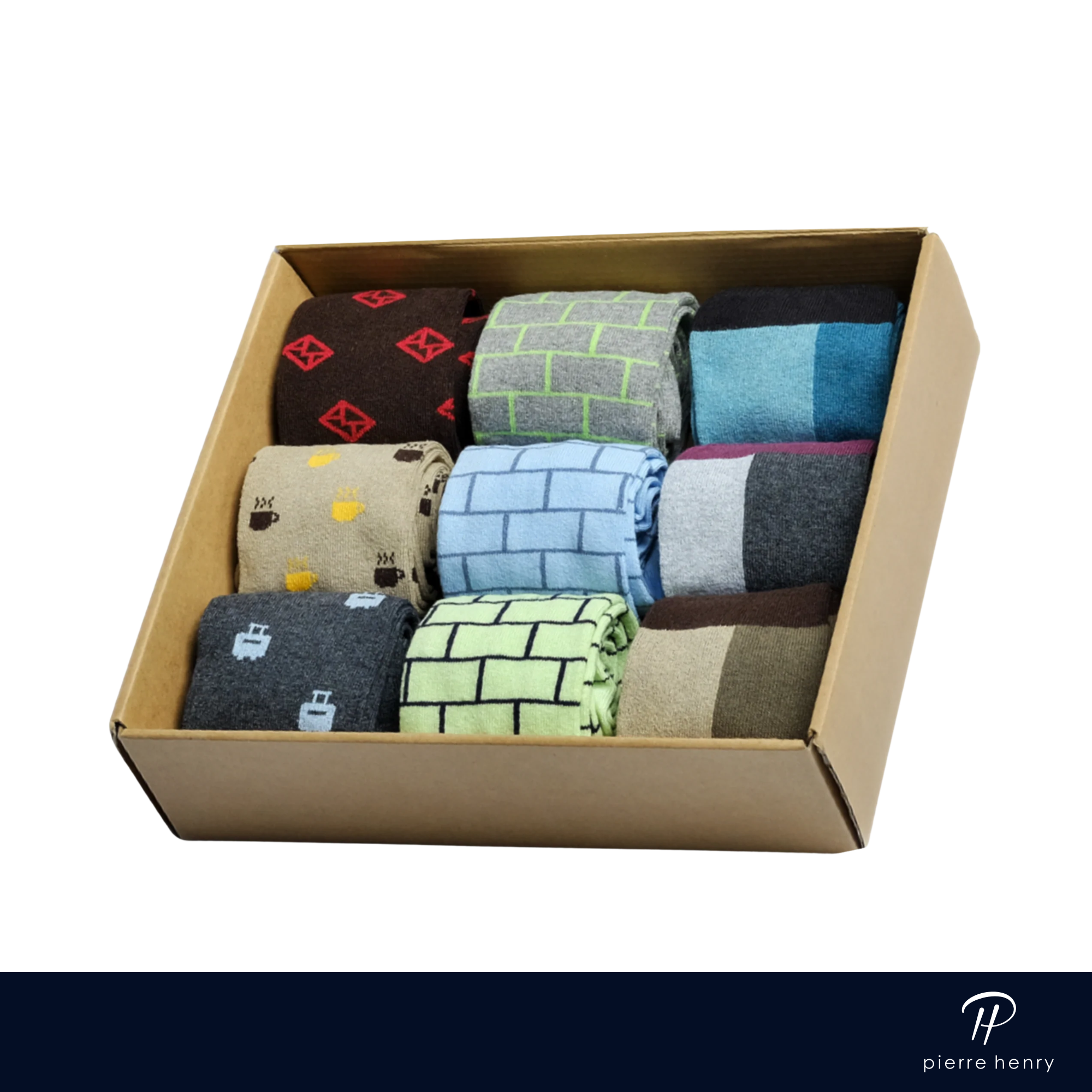 box of dress socks for men, brown dress socks, grey dress socks, blue dress socks, bricked and patterned dress socks