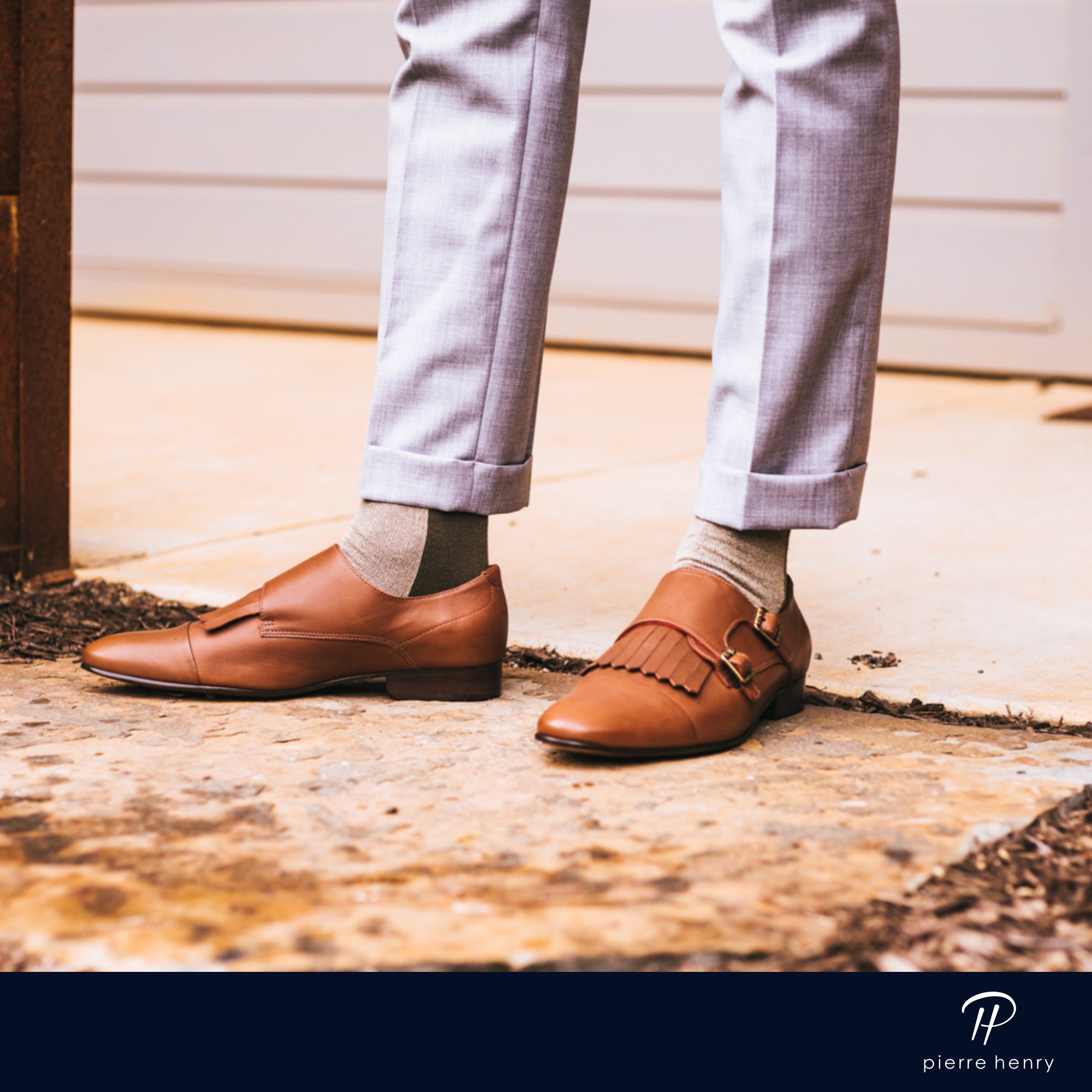 light brown over the calf dress socks with brown stripe, plaid dress pants, light brown dress shoes