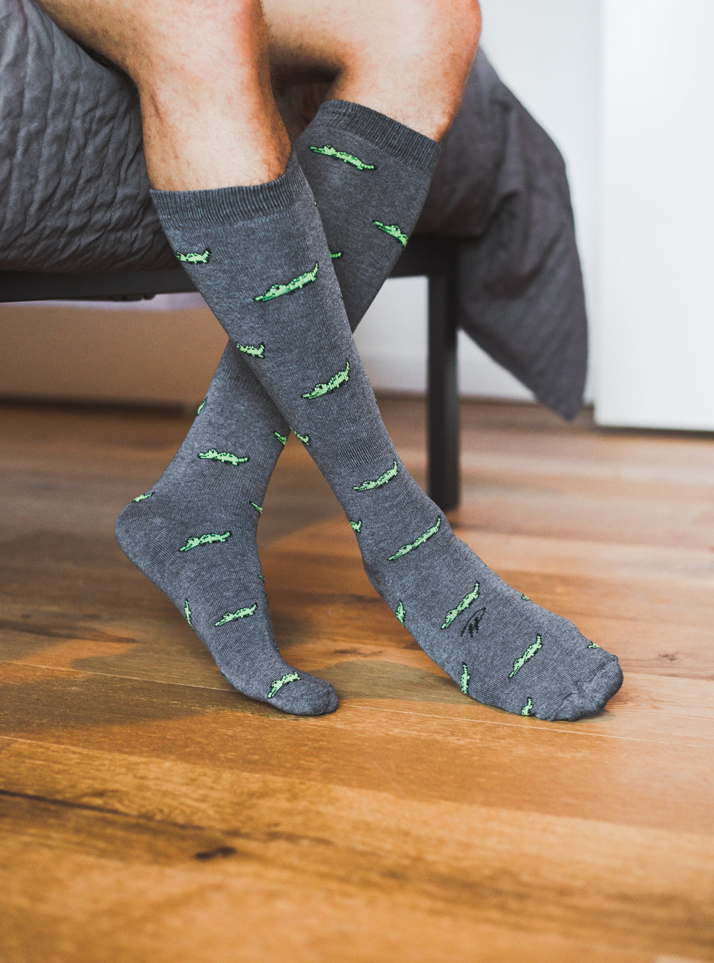 grey over the calf dress socks with crocodile prints