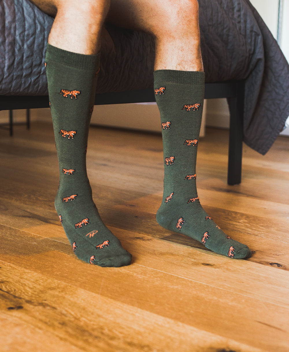 camo green over the calf dress socks with tiger prints