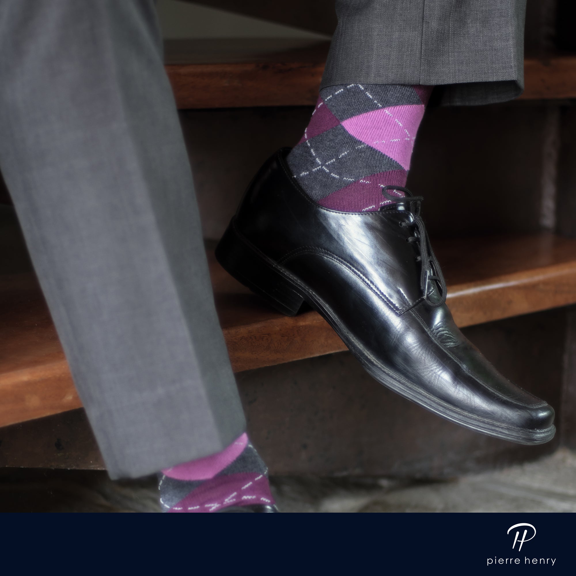 grey pink and plum argyle over the calf dress socks, black dress shoes, grey dress pants