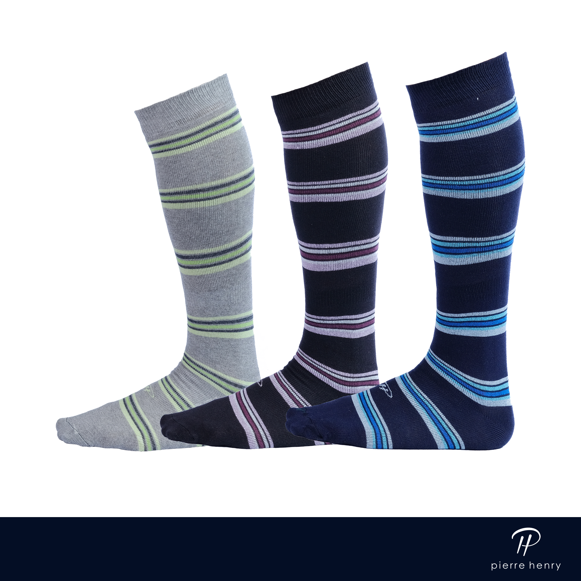 light grey dress socks with lime stripes, black dress socks with burgundy stripes, navy dress socks with blue stripes