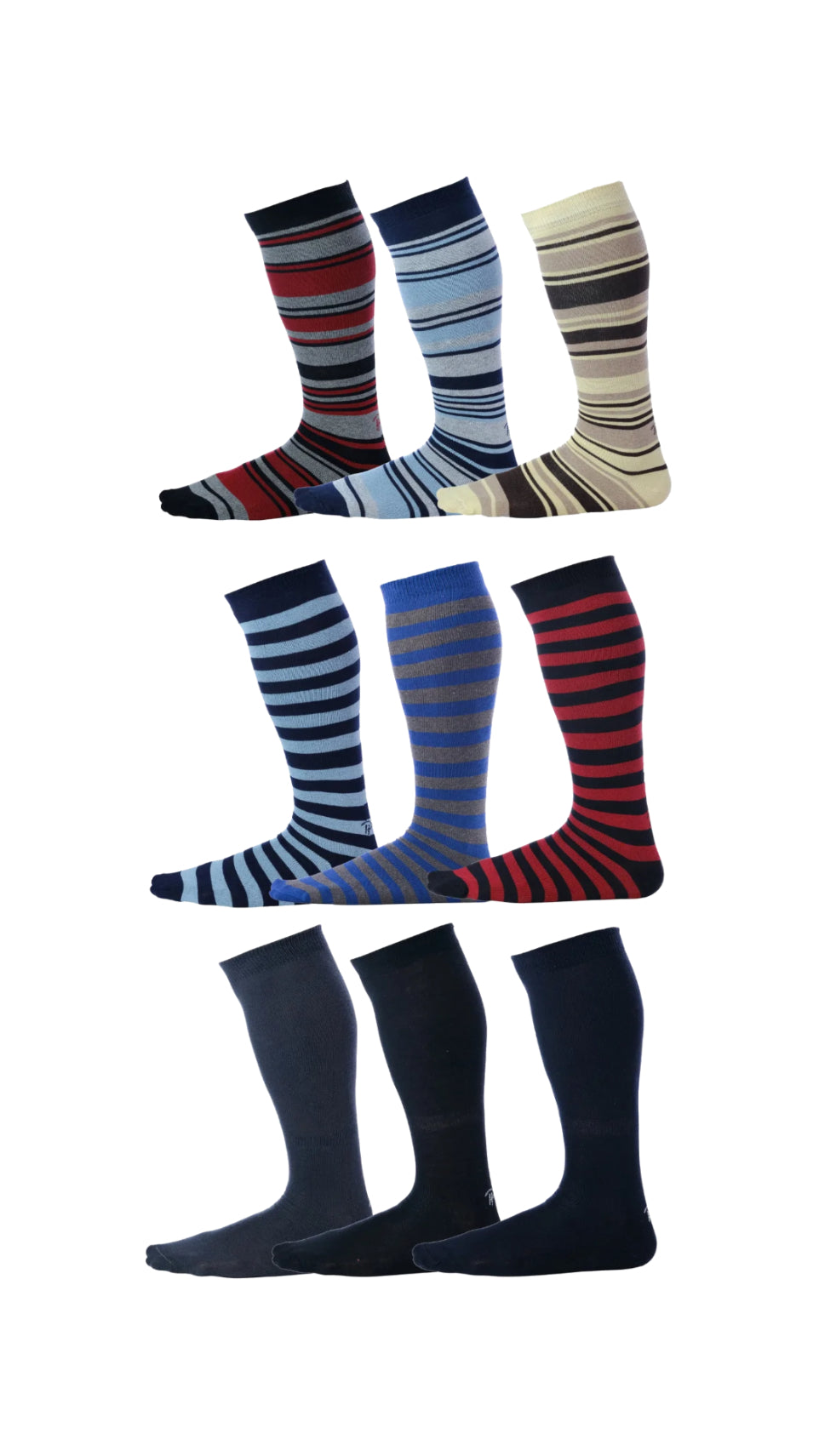 striped and solid color over the calf dress socks in red, yellow, blue, and grey, light blue, and brown colors