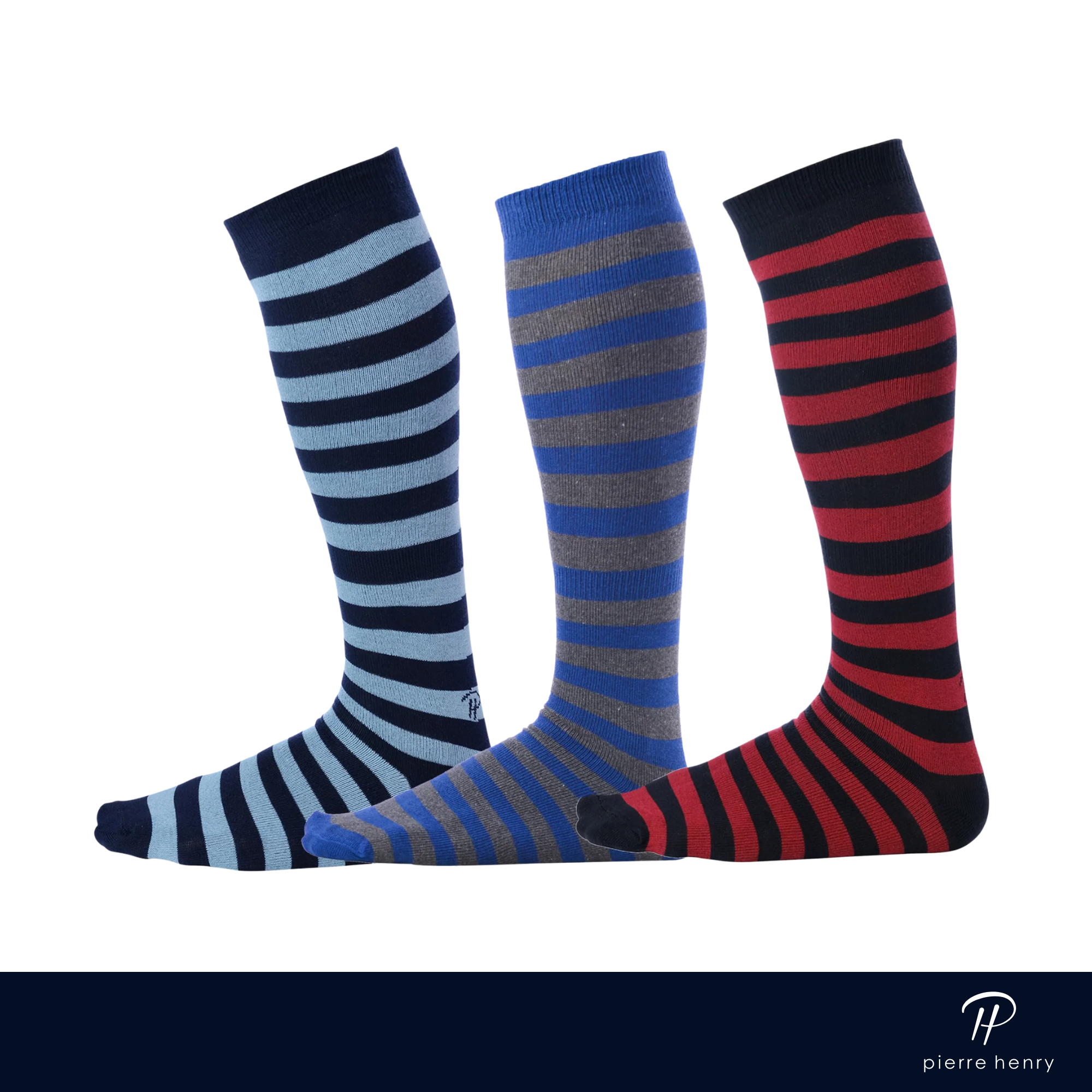 striped navy and sky blue over the calf dress socks, striped blue and grey over the calf dress socks, striped black and red over the calf dress socks