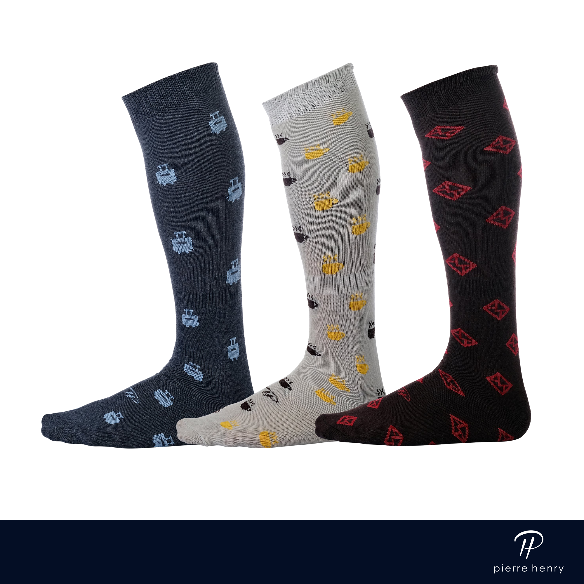 navy dress socks with suitcase print, light grey dress socks with hot coffee pattern, dark brown dress socks with envelopes