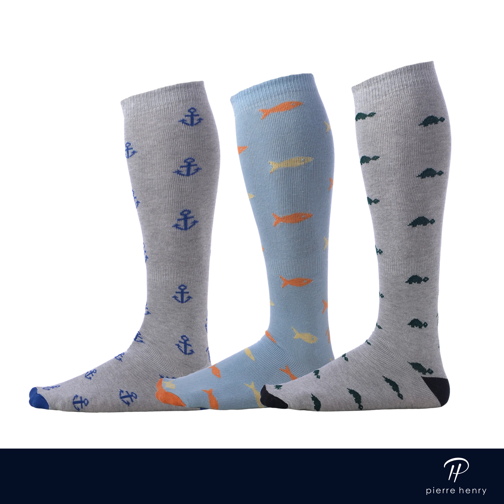 light grey dress socks with blue anchors, light blue dress socks with colored fish, light grey dress socks with green turtles