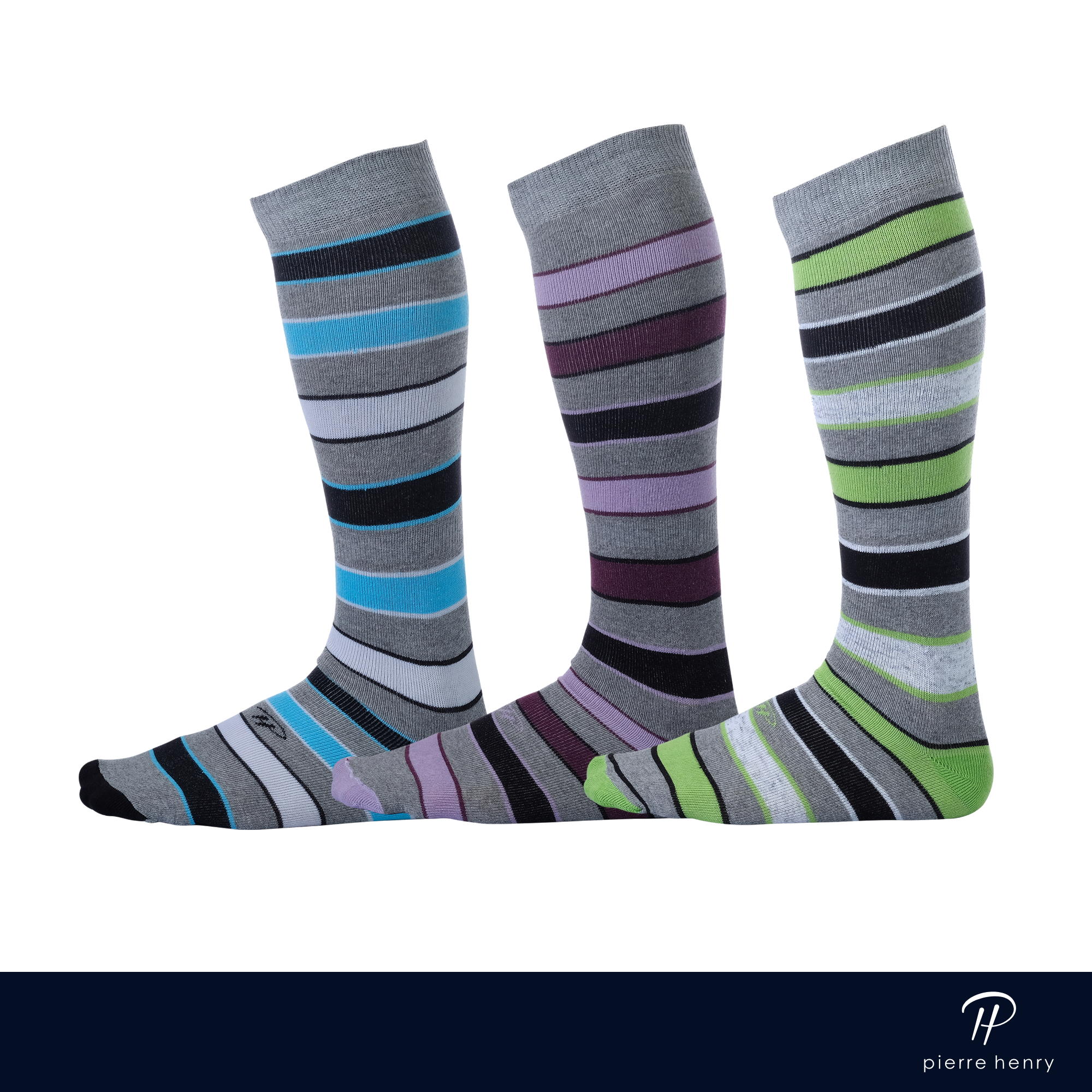 three different pairs of light grey over the calf dress socks with different colored stripes