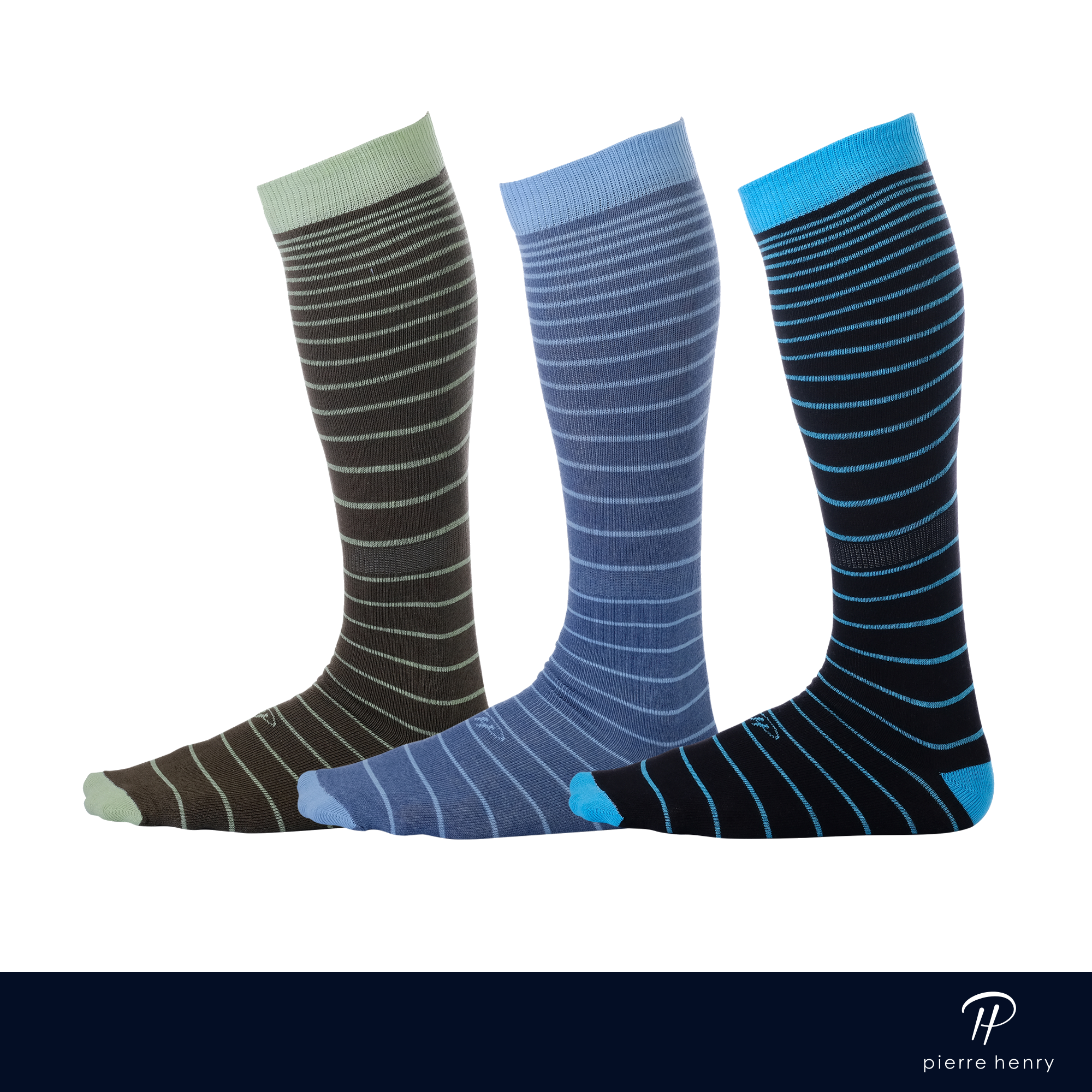 brown dress socks with green stripes, blue dress socks with light blue stripes, black dress socks with light blue stripes