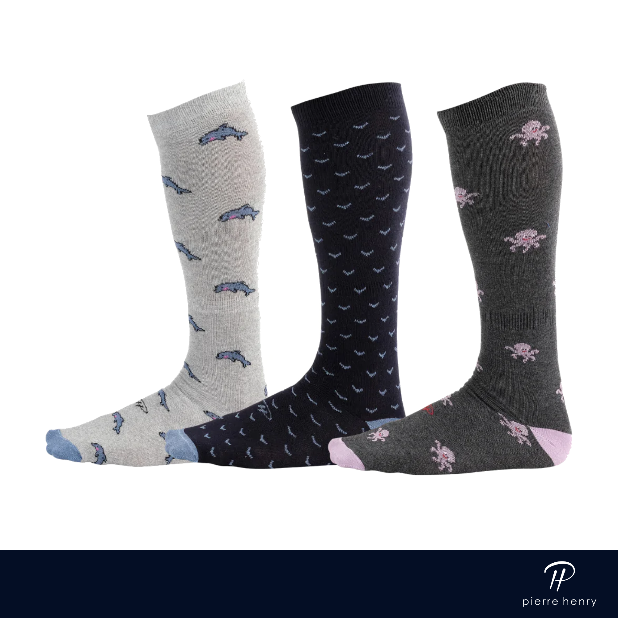 light grey over the calf dress socks with dolphins, black over the calf dress socks with blue, grey over the calf dress socks with octopus