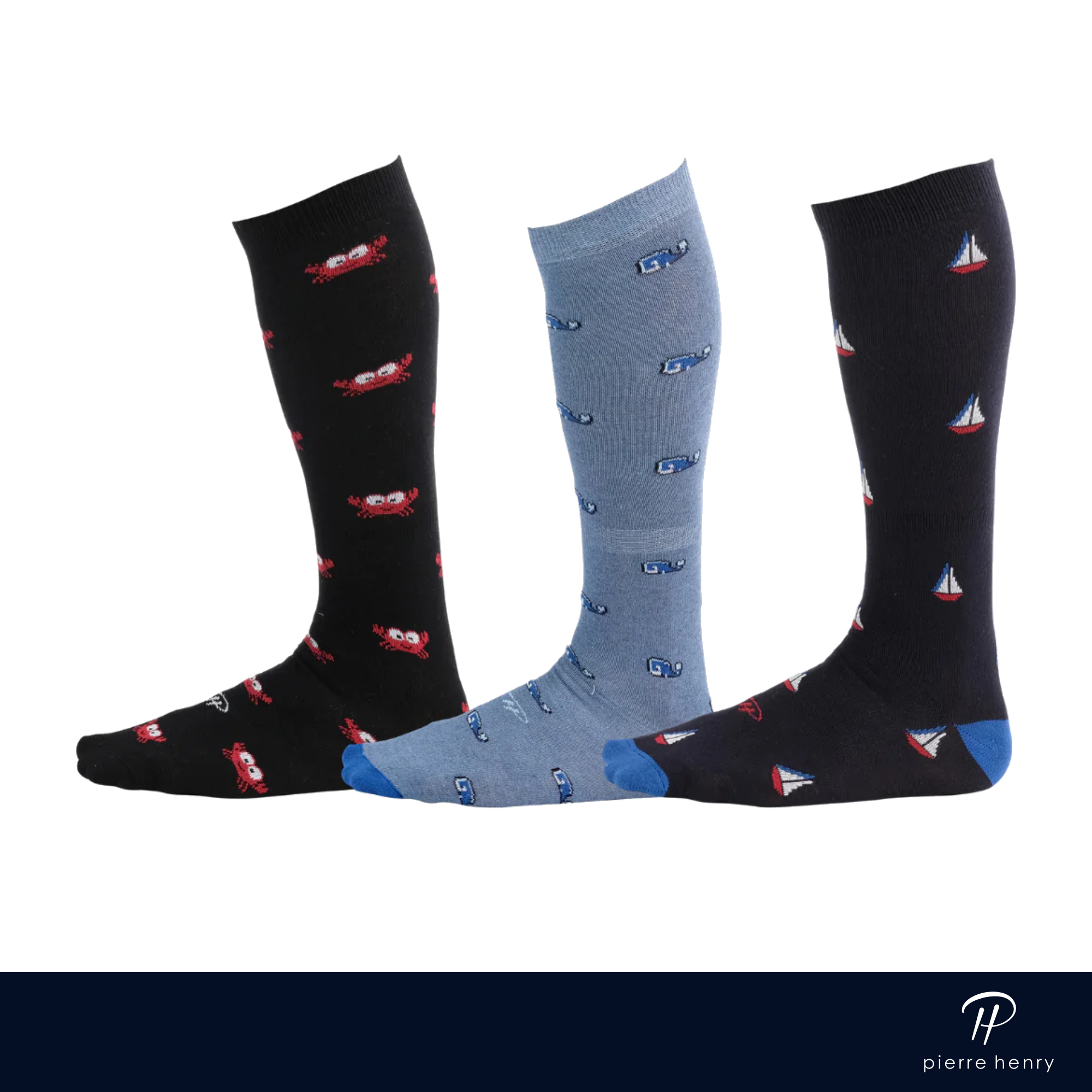 black over the calf dress socks with crabs, light blue over the calf dress socks with whales, navy over the calf dress socks with sailboats