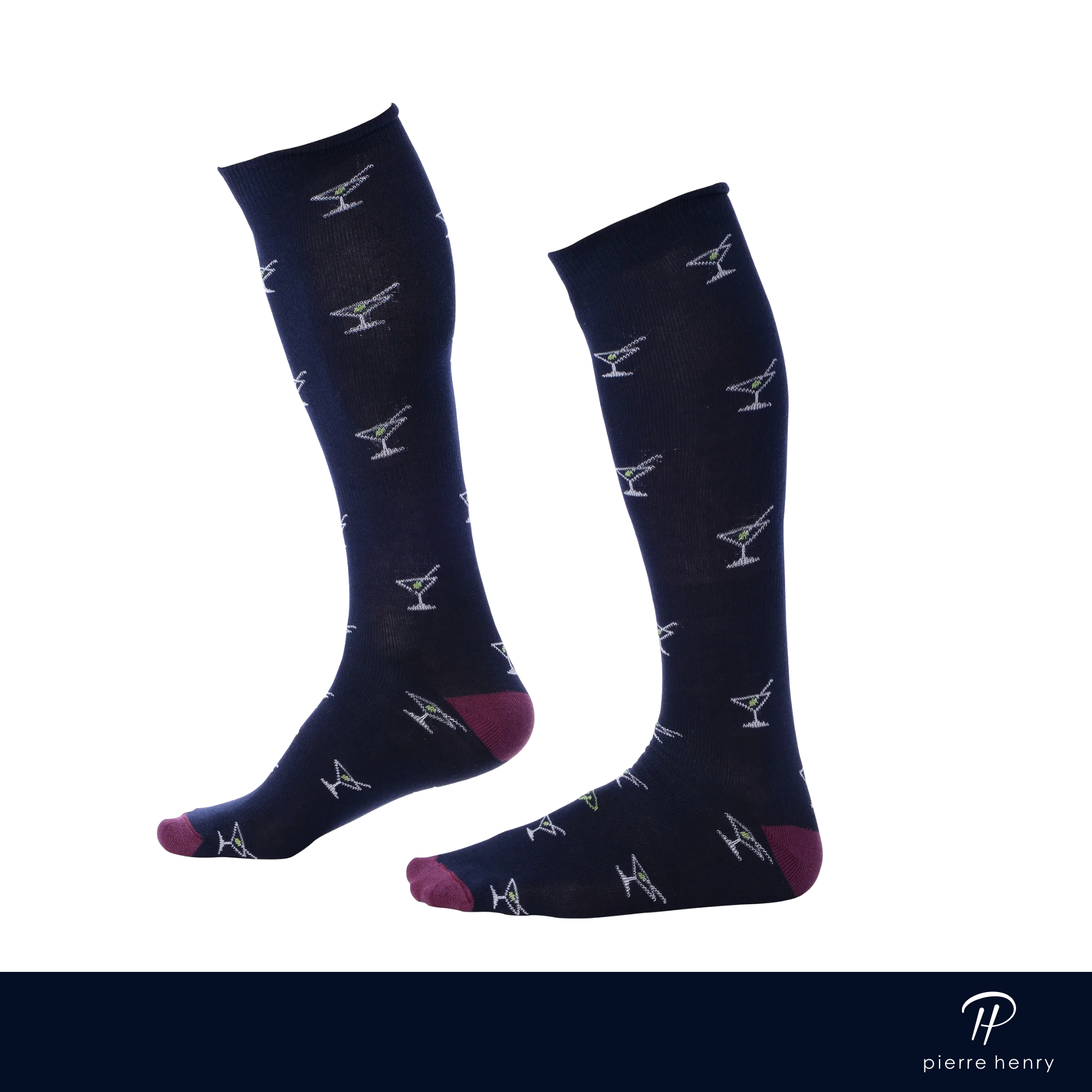 navy blue over the calf dress socks with cocktail prints and burgundy toe and heel