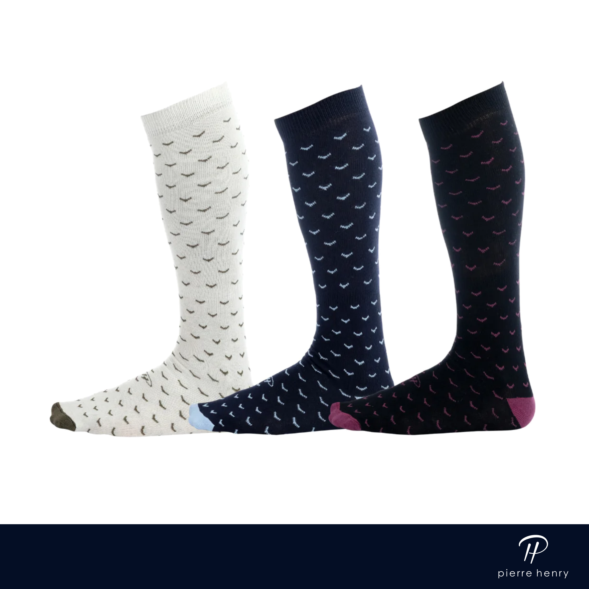 light grey dress socks with brown print, navy blue dress socks with light blue print, black dress socks with burgundy print