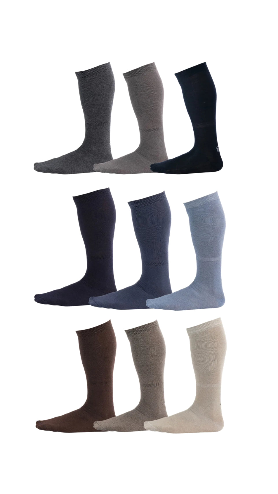 Black, blue, and brown pairs of Pierre Henry Over the Calf Dress Socks