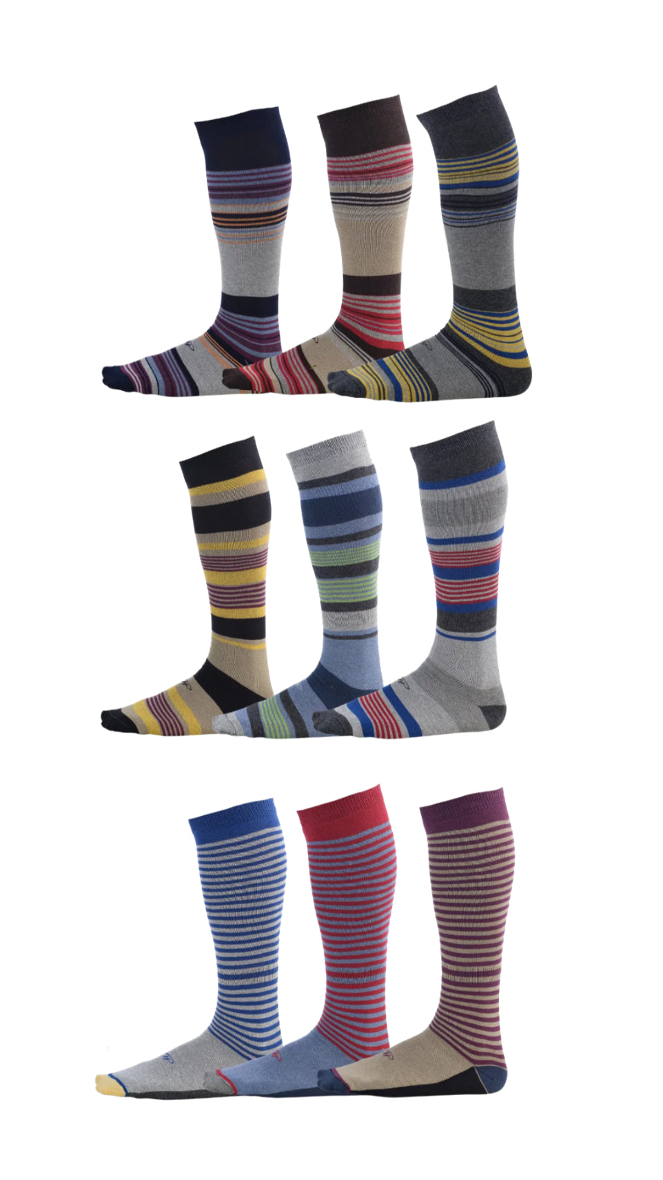 striped over the calf dress socks in blue, red, purple, grey, beige, yellow, and light green colors
