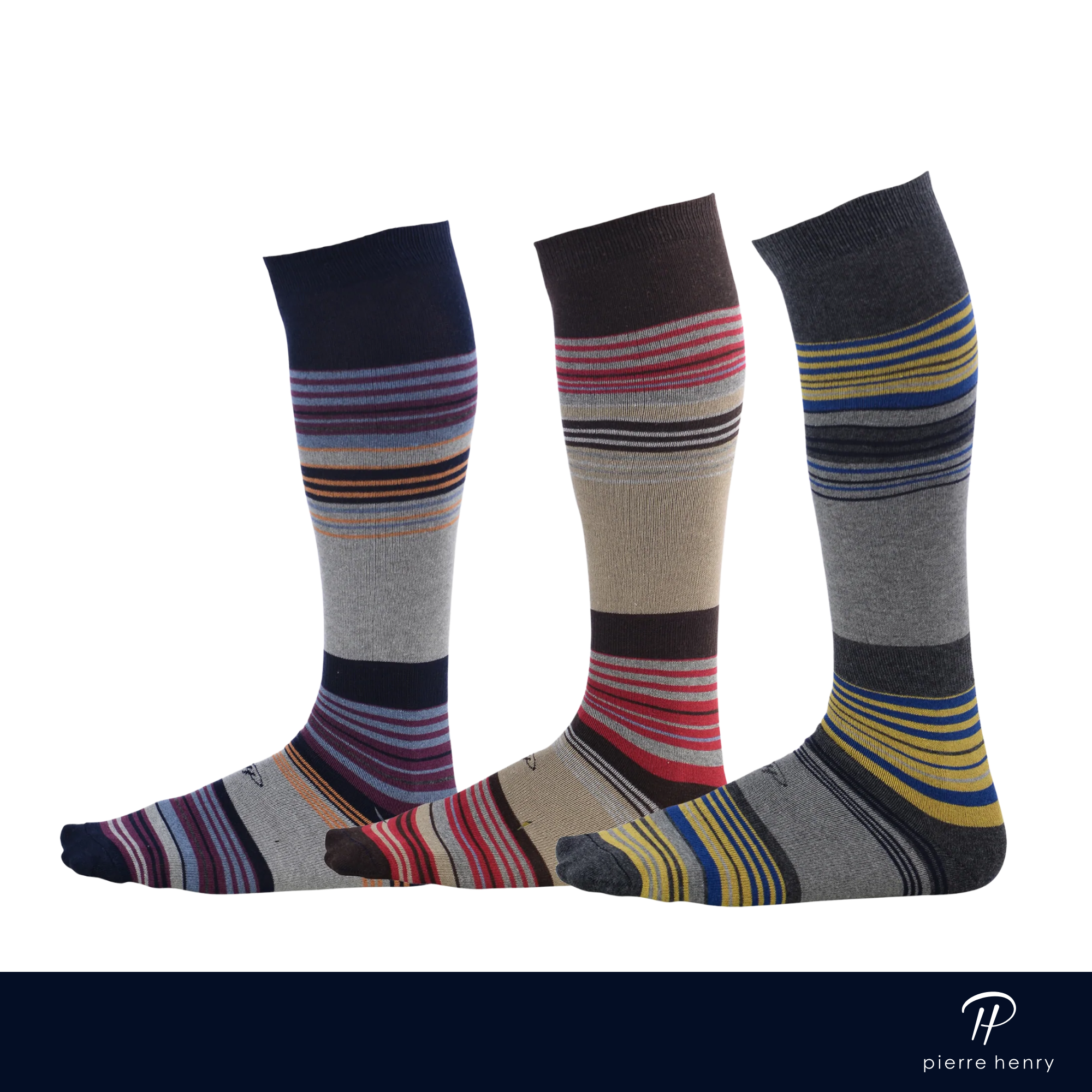 light grey dress socks with colored stripes, beige dress socks with colored stripes, dark grey dress sock with colored stripes