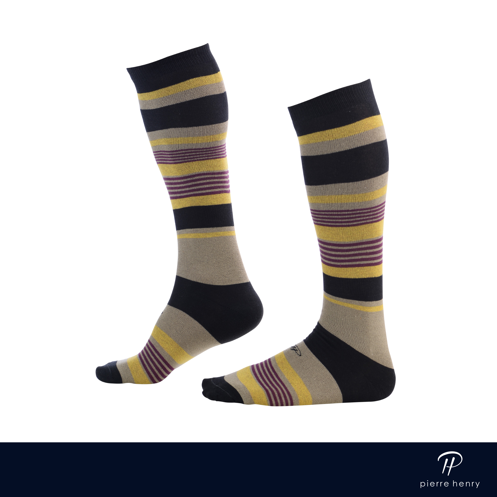 beige over the calf dress socks with black yellow and burgundy stripes