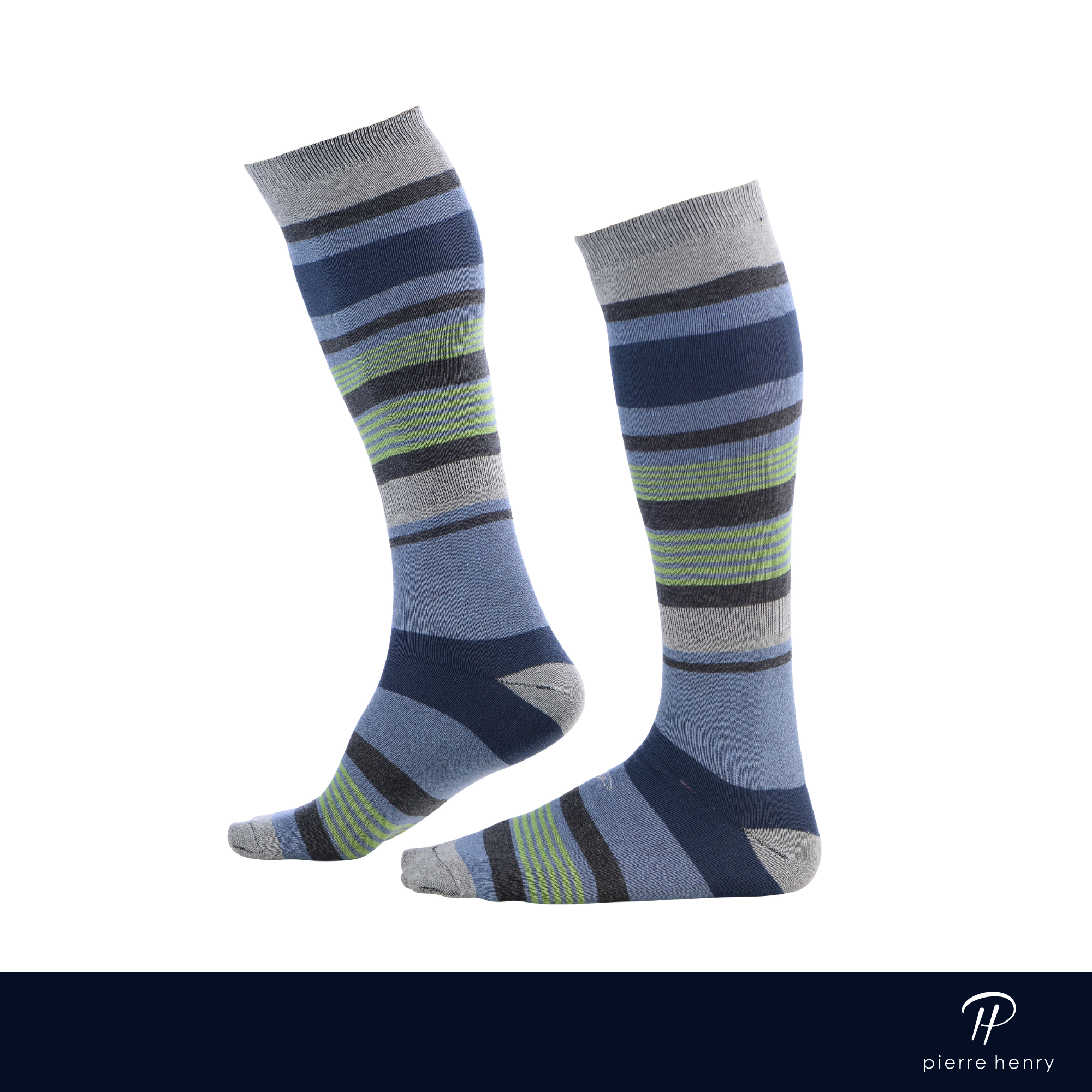 blue over the calf dress socks with light grey navy blue and light green stripes