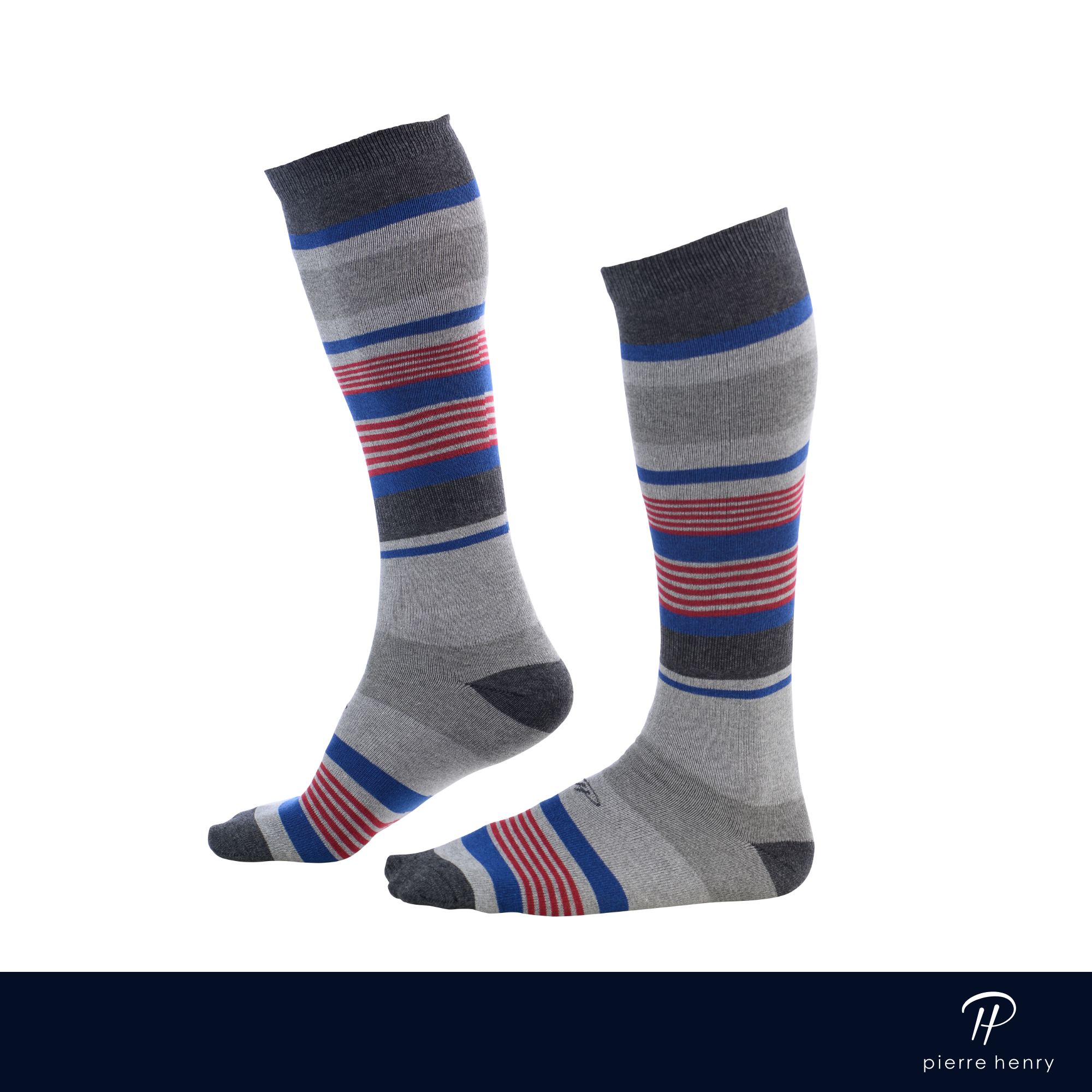 light grey over the calf dress socks with red blue and grey stripes