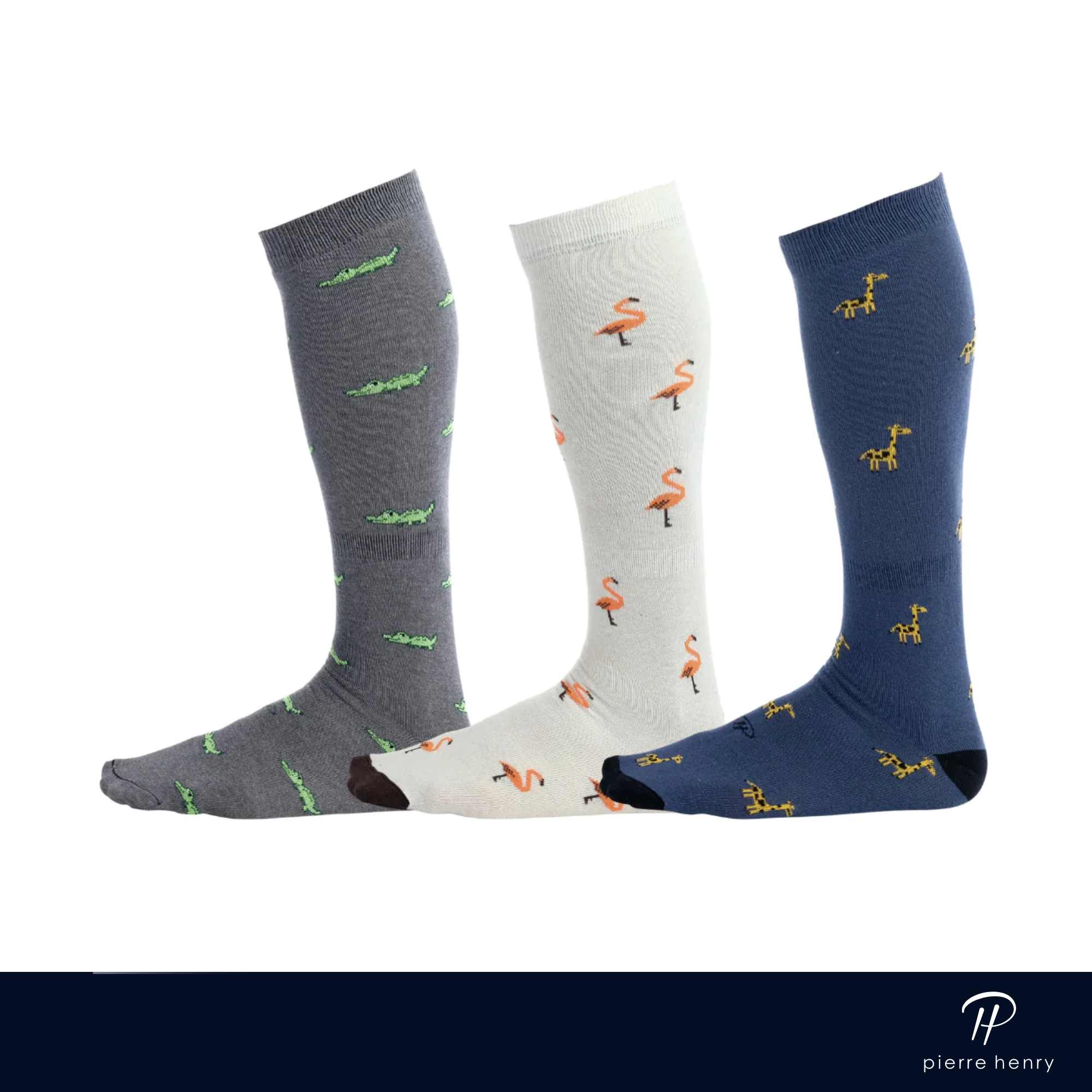 grey dress socks with alligator print, light grey dress socks with flamingo print, blue dress socks with giraffe print