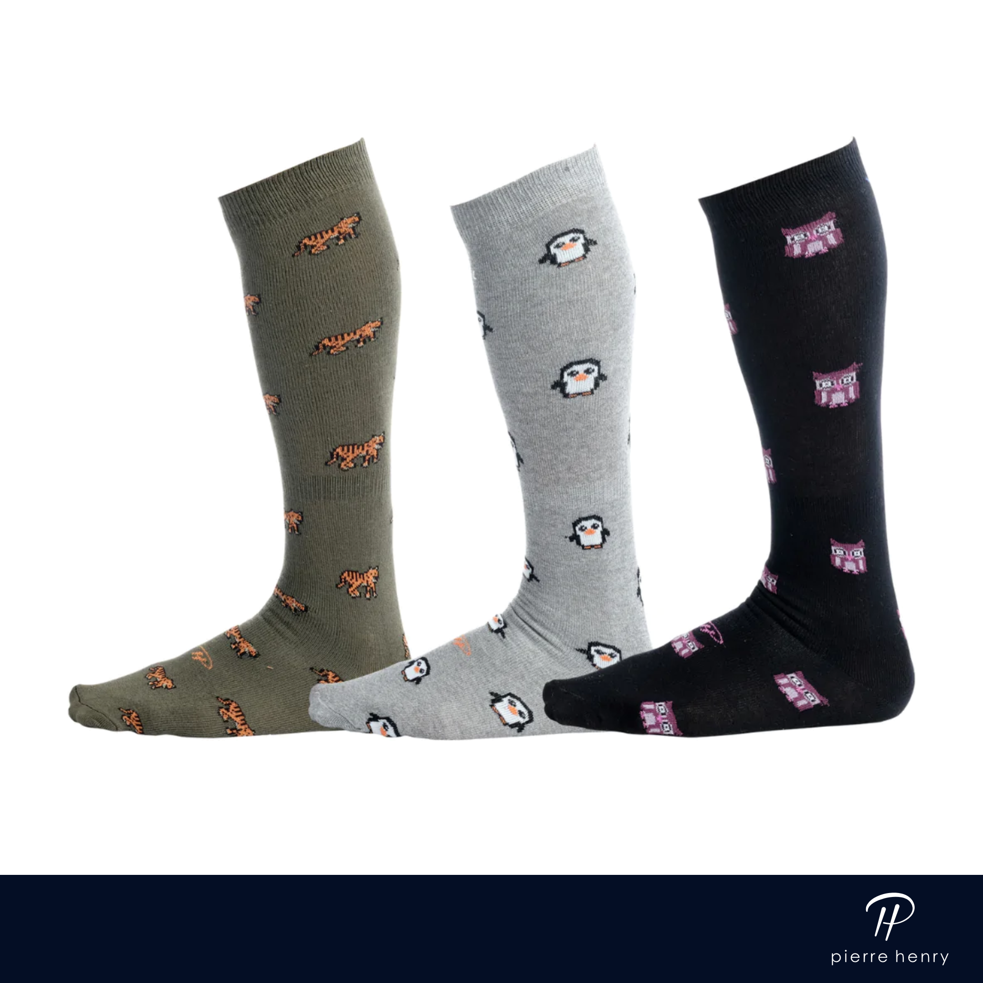 green dress socks with tiger print, light grey dress socks with penguin print, black dress socks with owl print