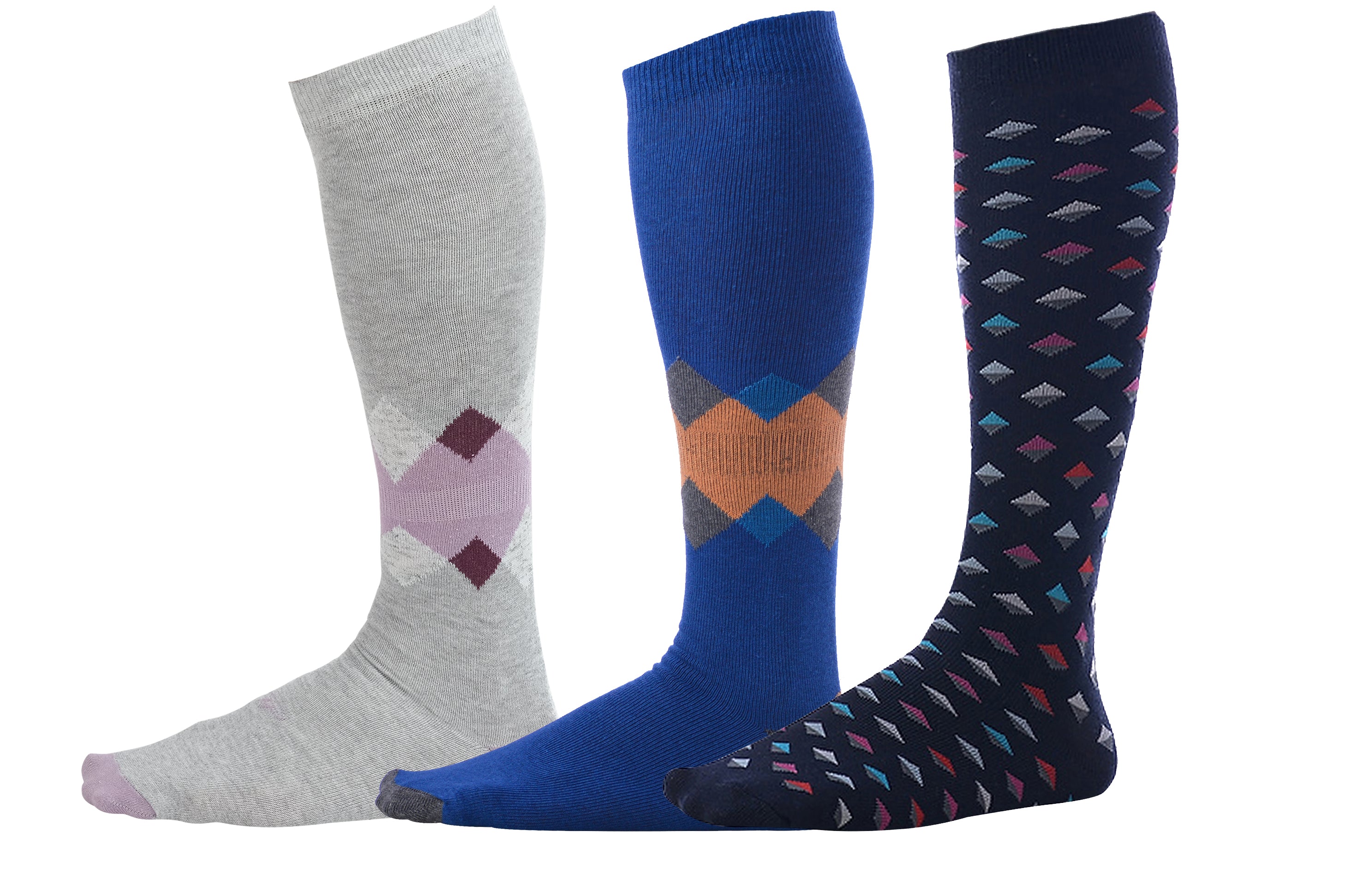 light grey dress socks with diamond print on ankle, blue dress socks with diamond on ankle, navy blue dress socks with diamonds