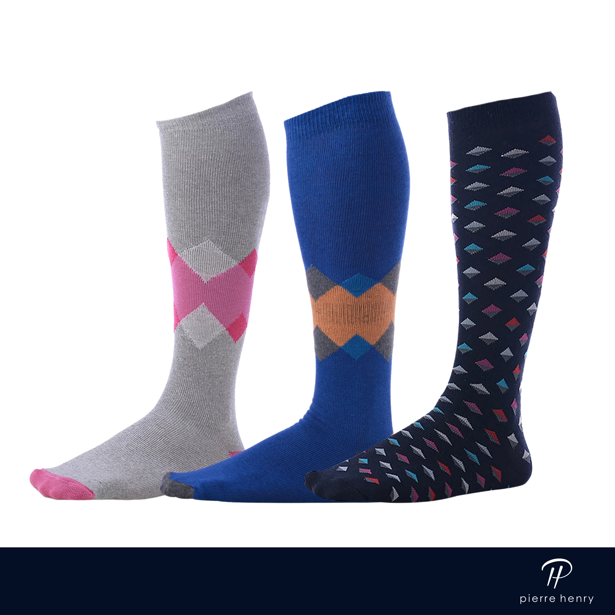 light grey over the calf dress socks with pink diamond, blue over the calf dress socks with orange diamond, navy over the calf dress socks with colored diamonds