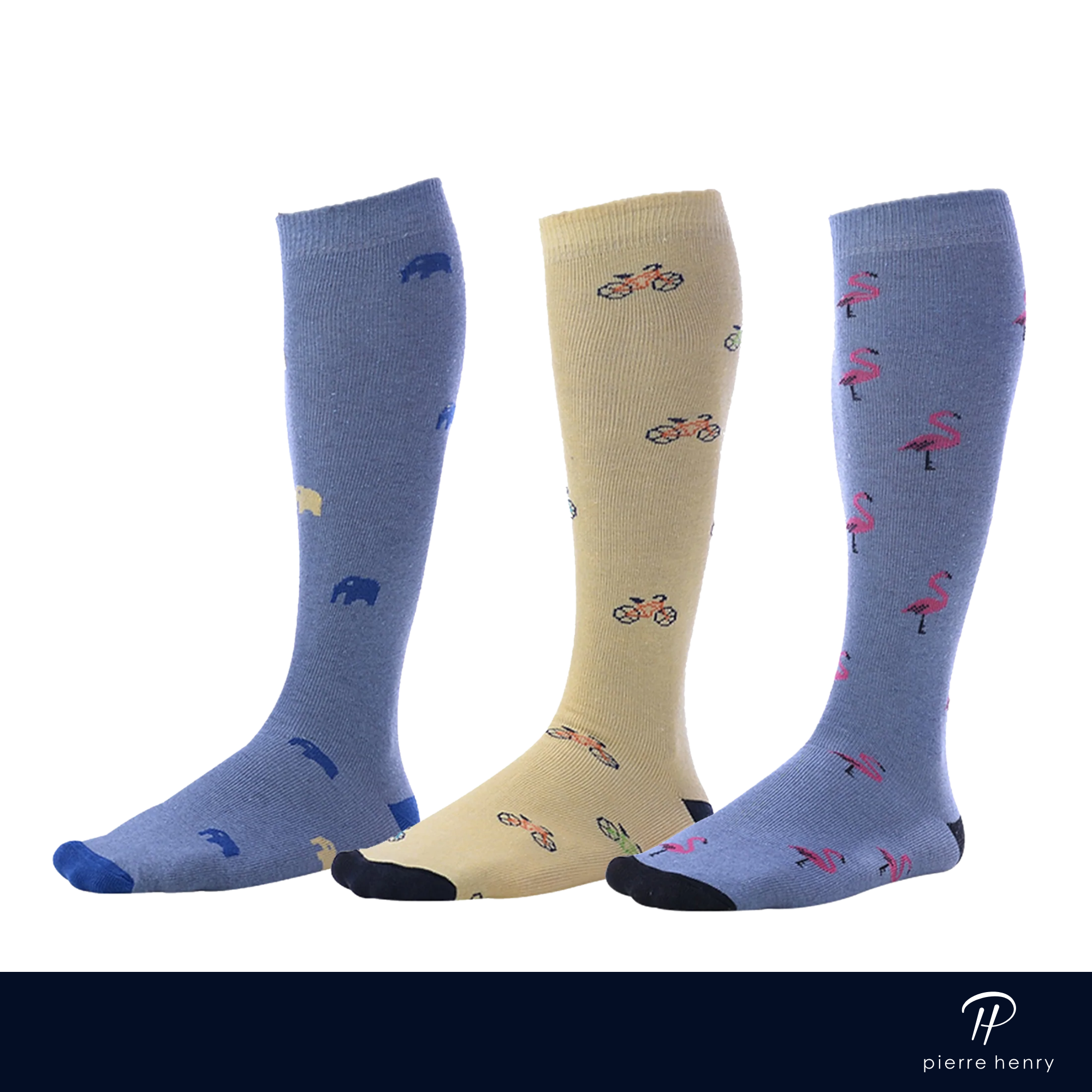 greyish blue over the calf dress socks with elephants, beige over the calf dress socks with cycles, greyish blue over the calf dress socks with flamingos