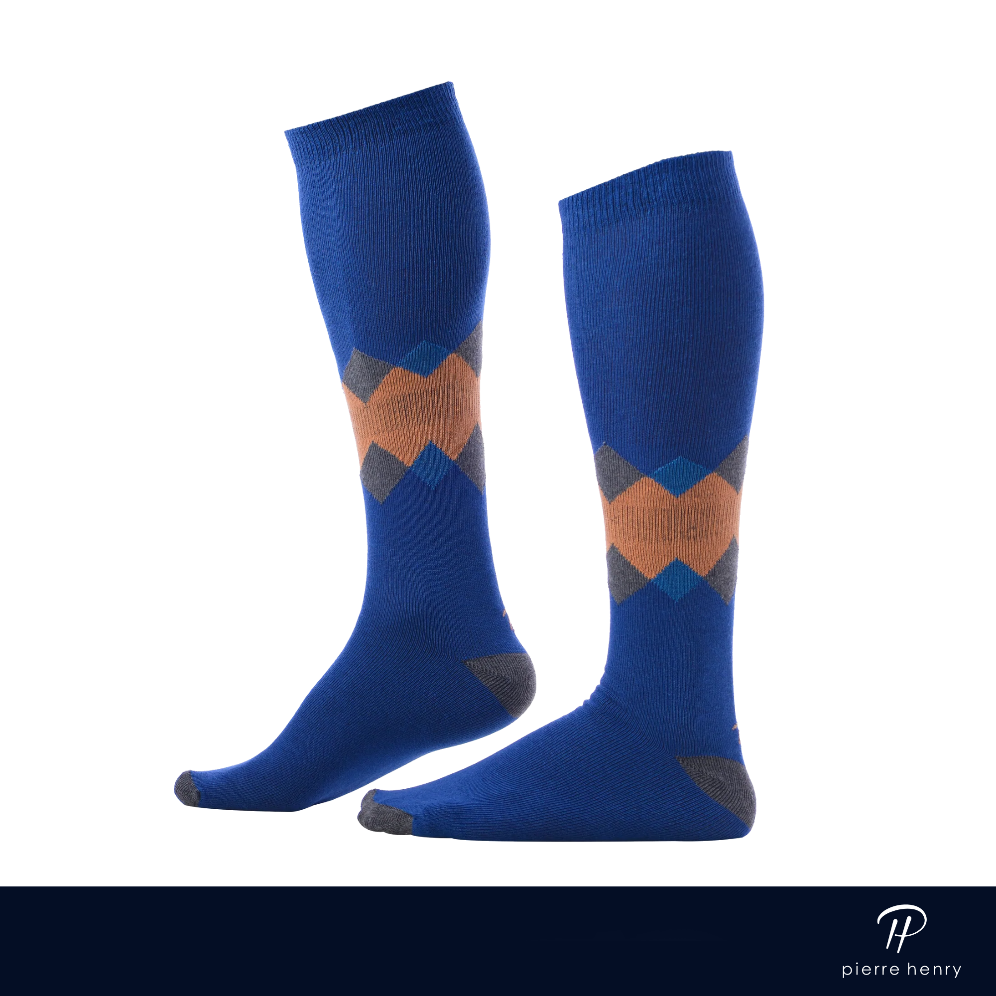 royal blue over the calf dress socks with grey toe and heel and grey and orange diamonds on ankle