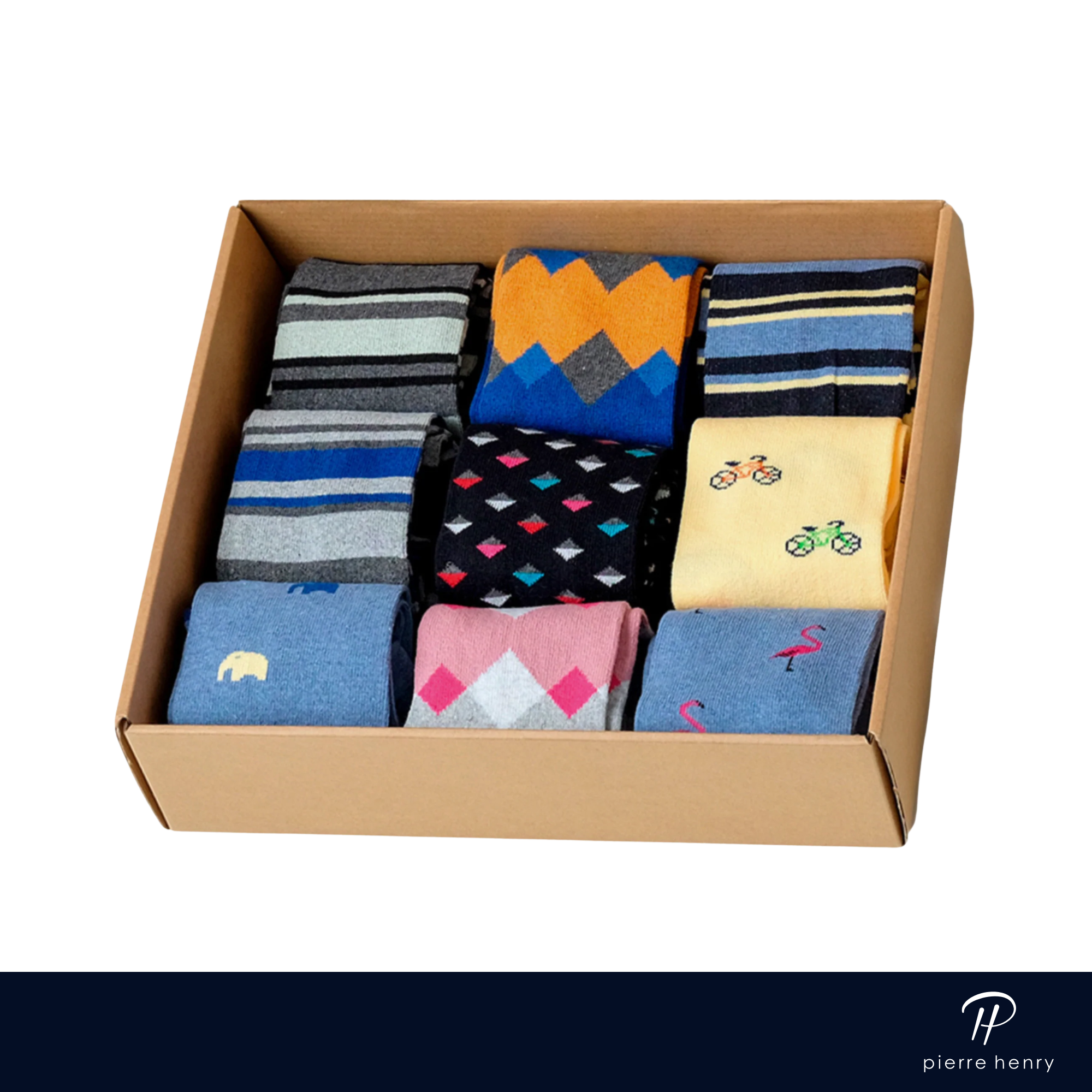 box of dress socks for men grey dress socks,  blue dress socks, yellows dress socks, blacks dress socks, striped dress socks, patterned dress socks