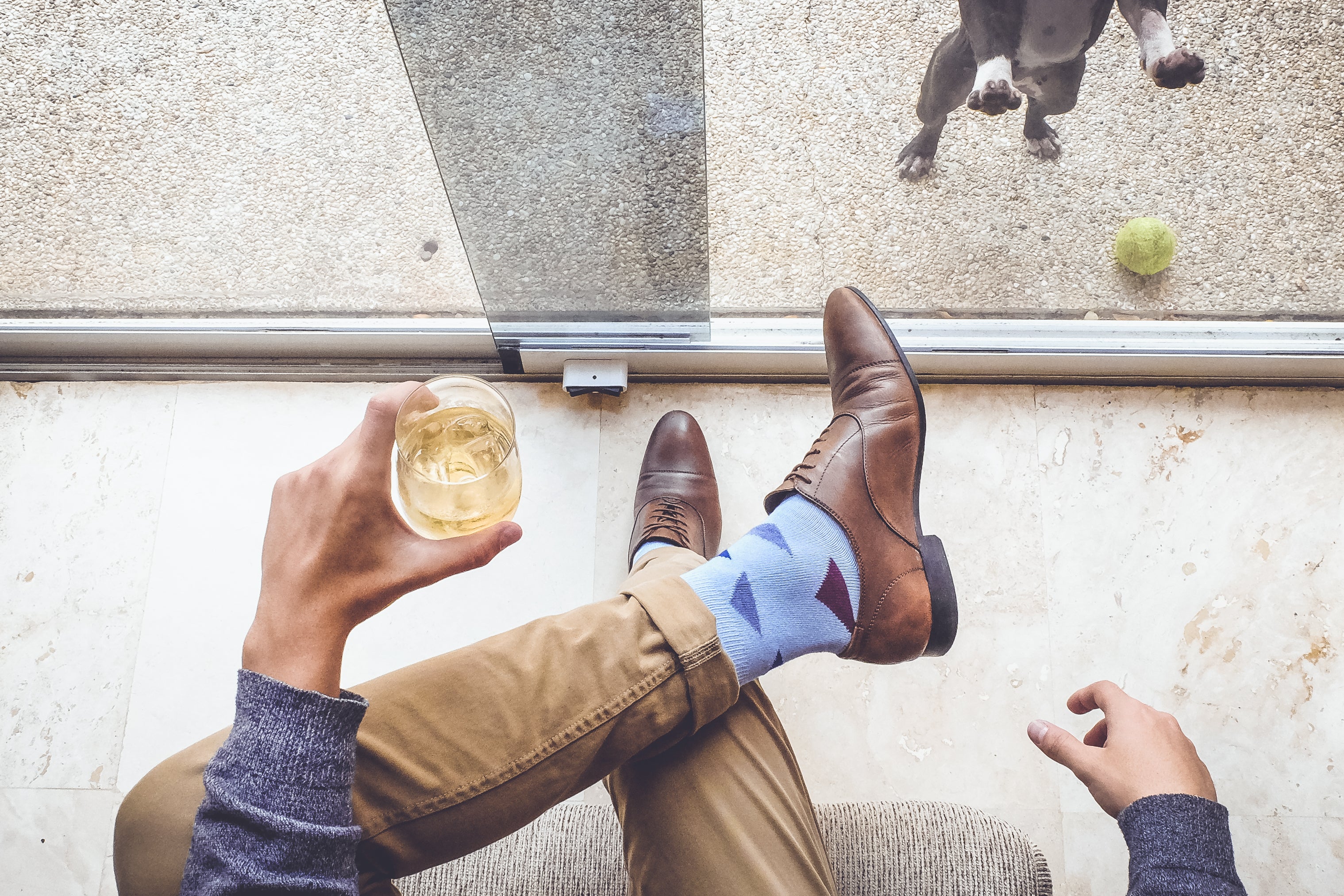 light blue over the calf dress socks with plum and blue triangle pattern, brown dress shoes and brown pants