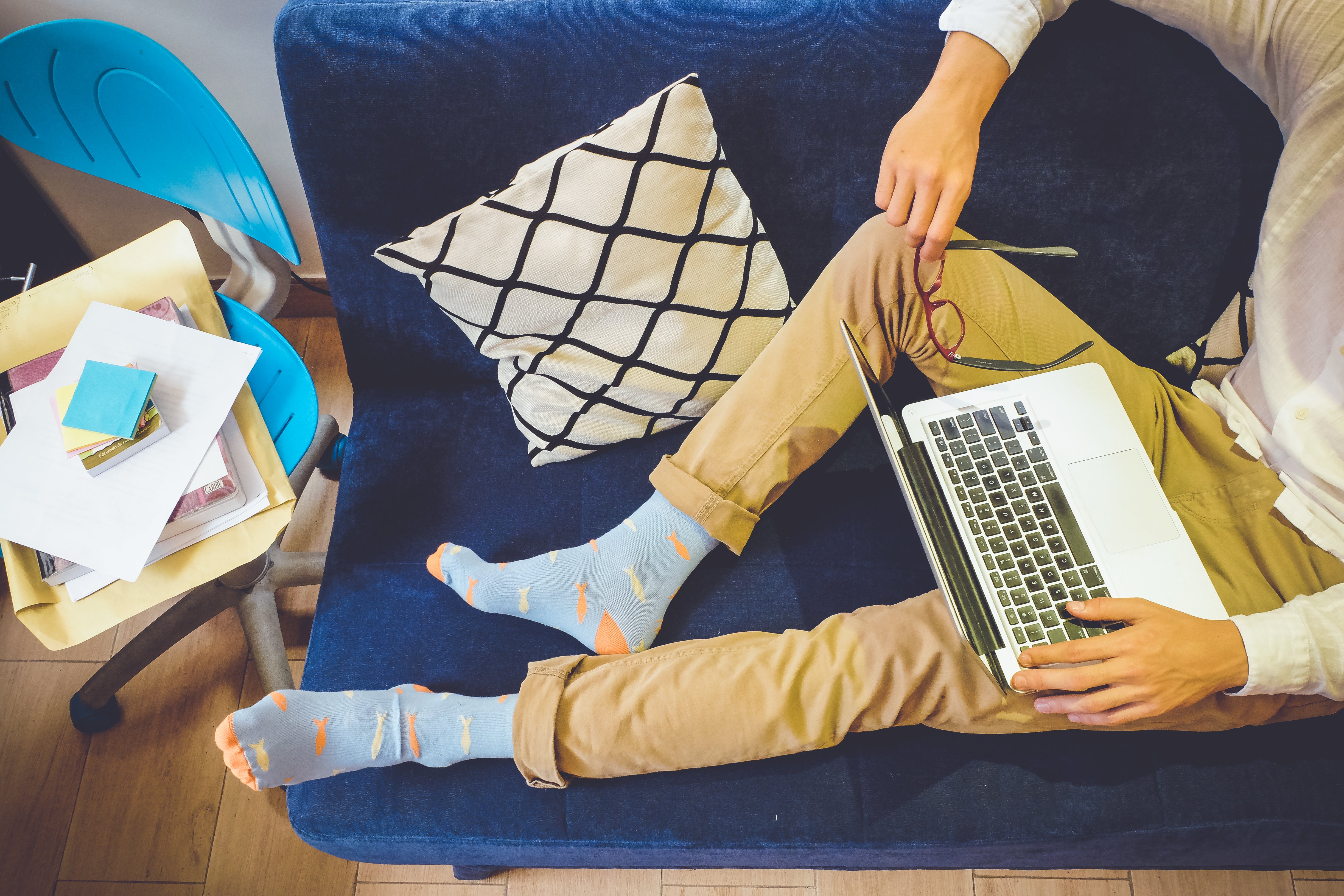 light blue over the calf dress socks with orange and beige fish pattern, khaki pants