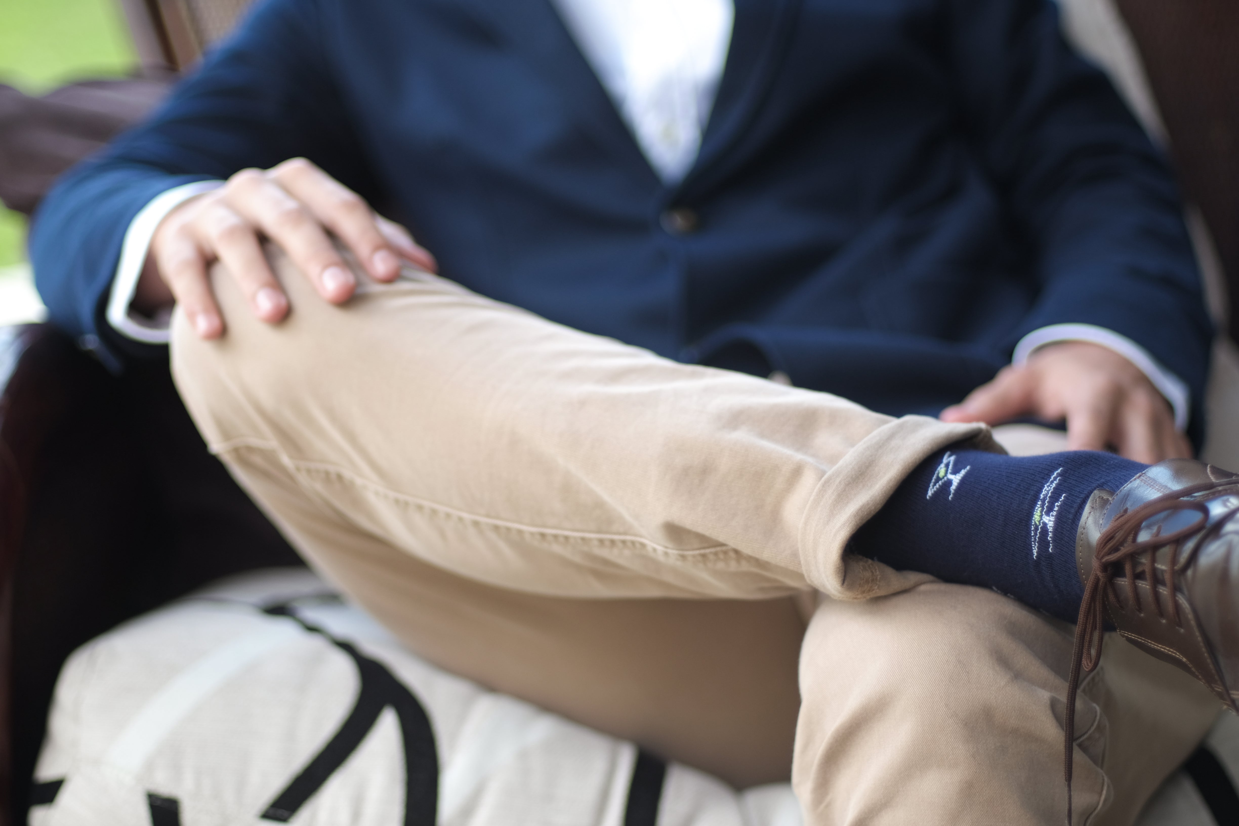 navy blue over the calf dress socks with cocktails, beige pants