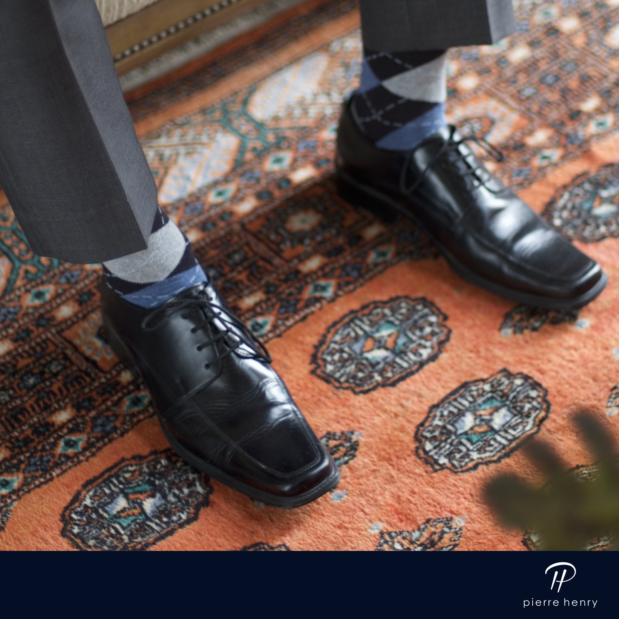 navy blue light blue grey argyle over the calf dress socks, black dress shoes, grey dress pants