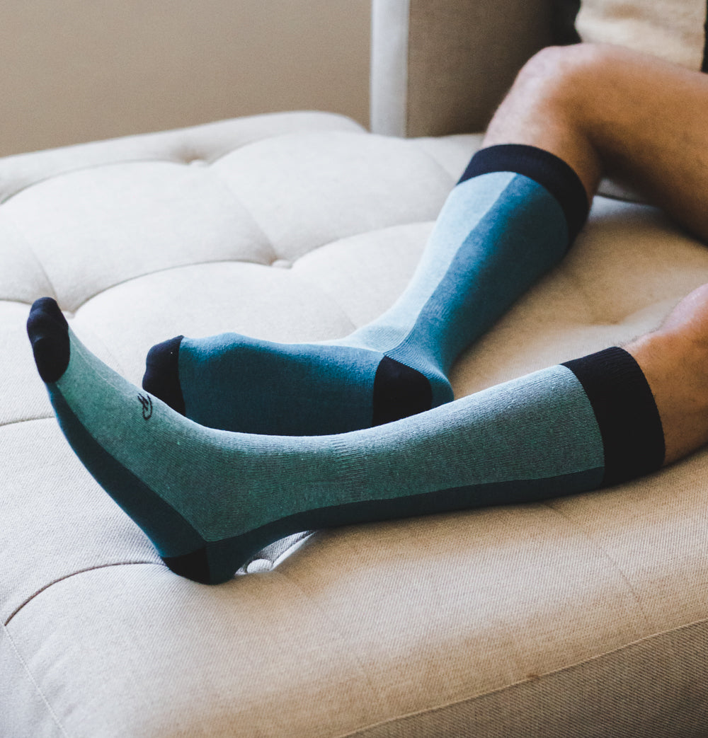 light blue over the calf dress socks with blue line and navy toe heel and top