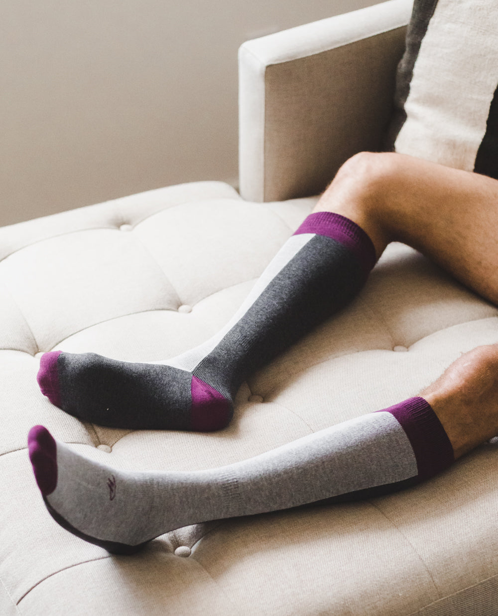 light grey over the calf dress socks with grey stripe and purple toe heel and top