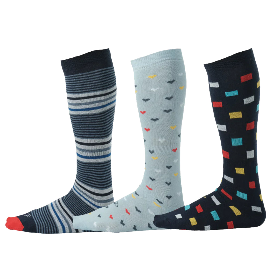 blue black and grey striped dress socks, light grey dress socks with colored prints, black dress socks with colored square prints