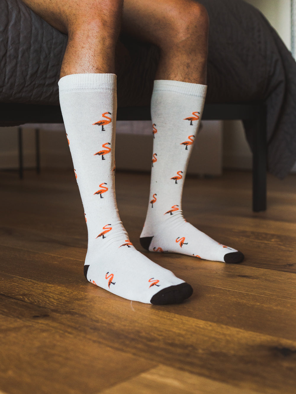 white over the calf dress socks with flamingo prints and black toe and heel