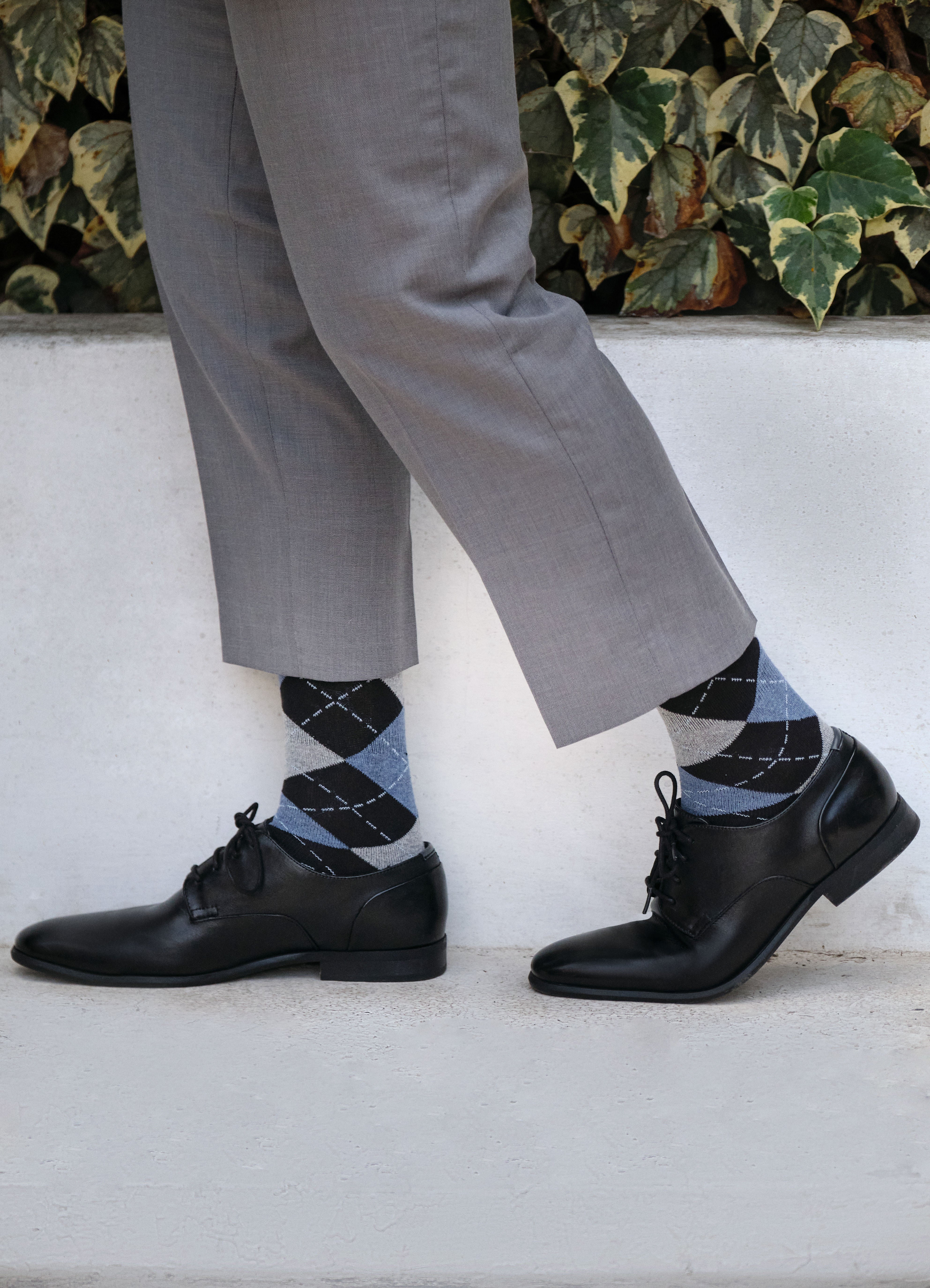 argyle black light grey and light blue mid calf dress socks, black dress shoes, grey dress pants